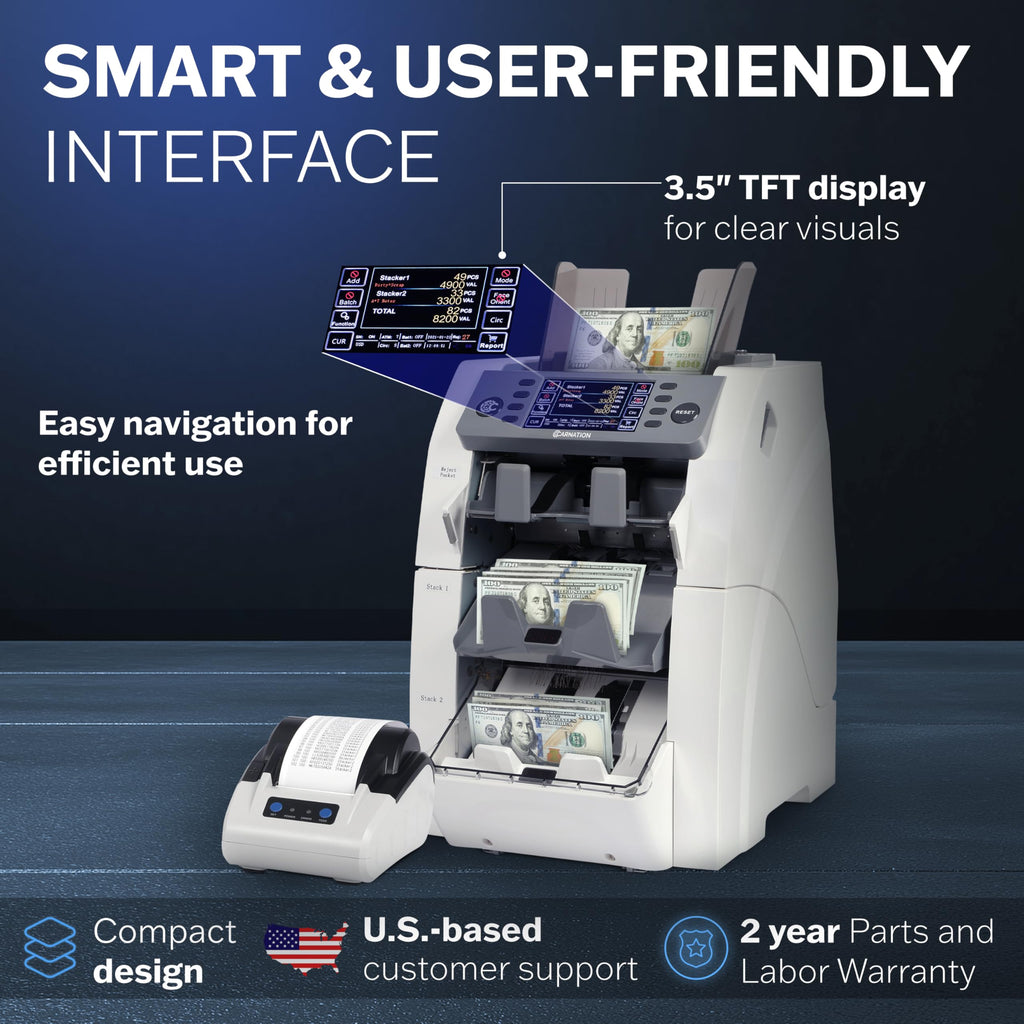 Carnation Money Counter Machine Cash Counting & Mixed Denomination Bill Counter, Portable Currency Detector, Counterfeit Bank Scanner, Dollar Sorter for Commercial, 1100 N/M, UV/MG/MT/IR/2CIS