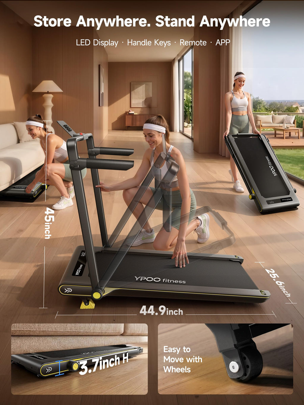 YPOO Walking Pad Treadmill with Incline, 2-in-1 Under Desk Walking Pad with Foldable Handlebar, 0.5-6.2 MPH Portable Treadmill for Home Office, 2.5 HP Quiet Brushless, App & Remote