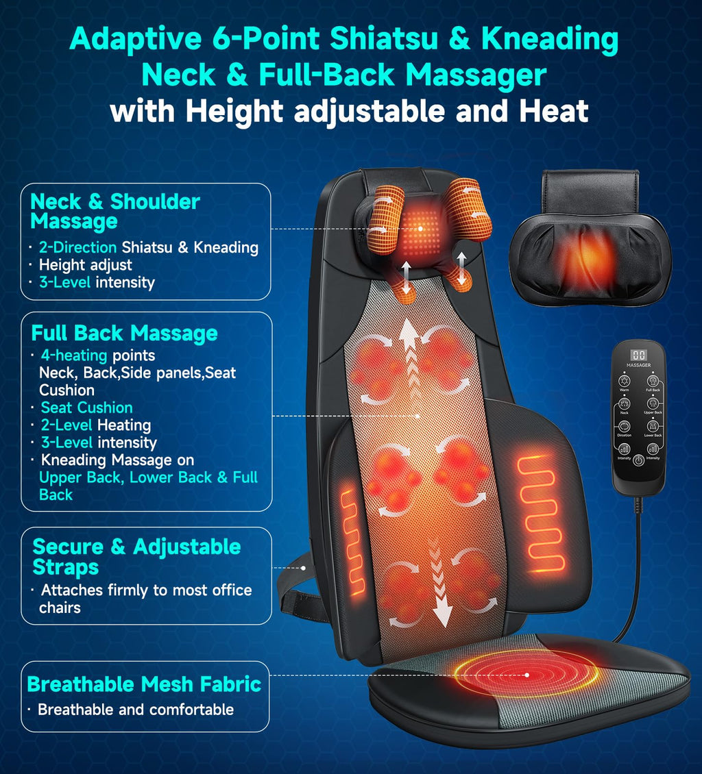 Shiatsu Neck and Back Massager for Chair with Heat, 2 Interchangeable Attachments Full Back Massage Pad Deep Tissue, Adjustable Height 3-Level Intensity for Office Home, Masajeador de Espalda, Khaki