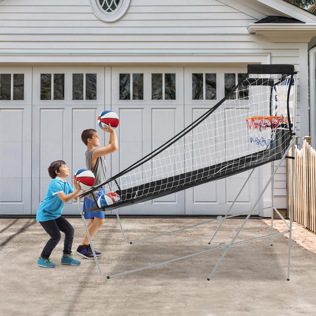 Goplus Foldable Dual Shot Basketball Arcade Game, Electronic Basketball Hoop w/LCD Scoreboard, 8 Game Modes, 4 Balls, Indoor Outdoor Basketball Game Machine for Adults (Green)