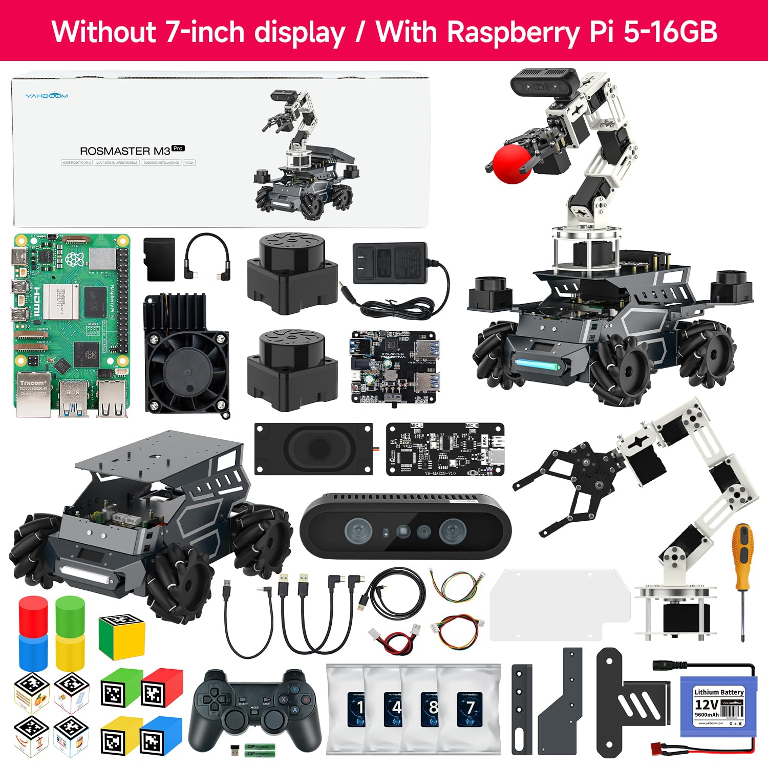 Yahboom ROS2 Robot Kit with Jetson Orin Nano 8GB Super Large AI Model with 6DOF Robotic Arm, 7-inch HD Display,AI Voice Interaction Module Provides AI Vision App Control
