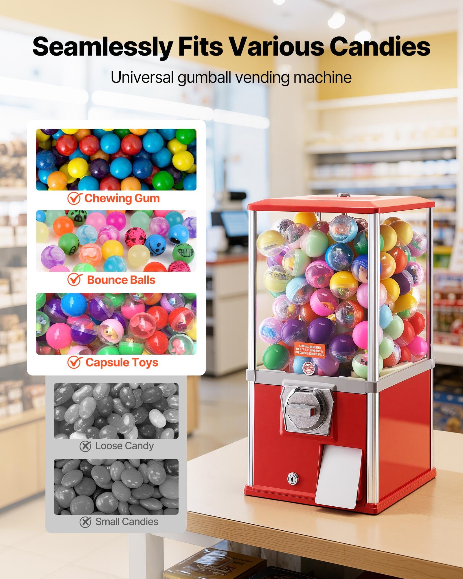 VEVOR Gumball Machine for Kids, 25" Height Home Vending Machine, PS Bouncy Balls Dispenser, Hold 230 Capsule Toys, Rectangle Bubble Gum Machine for Game Stores, Coin Operated Gumball Bank, Red