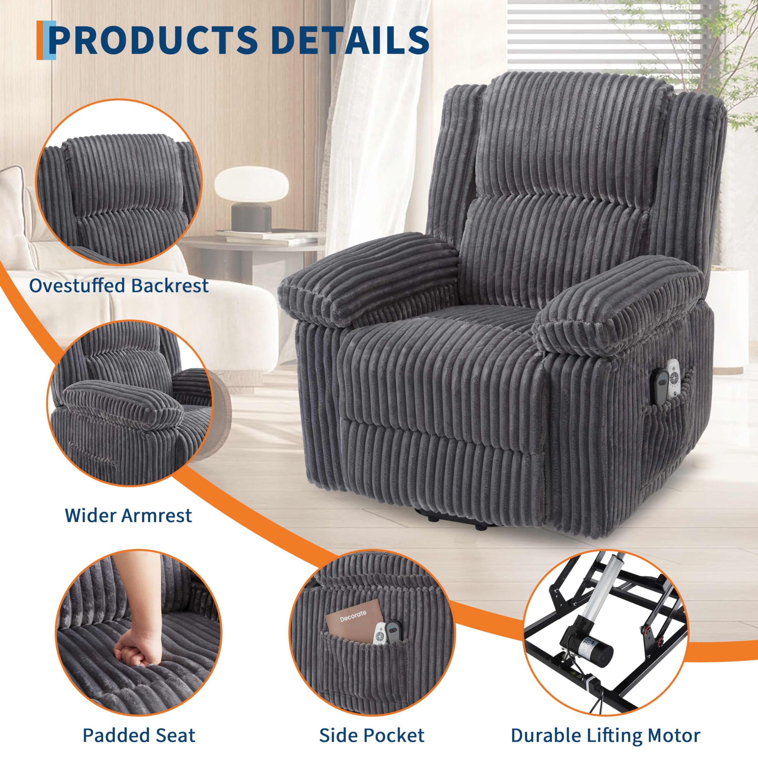 GarveeHome Power Lift Recliner Chair - Heat and Massage, PU Leather Electric Lift Recliner for Elderly & Mobility Impaired，Reclining Sofa with Side Pocket for Living Room