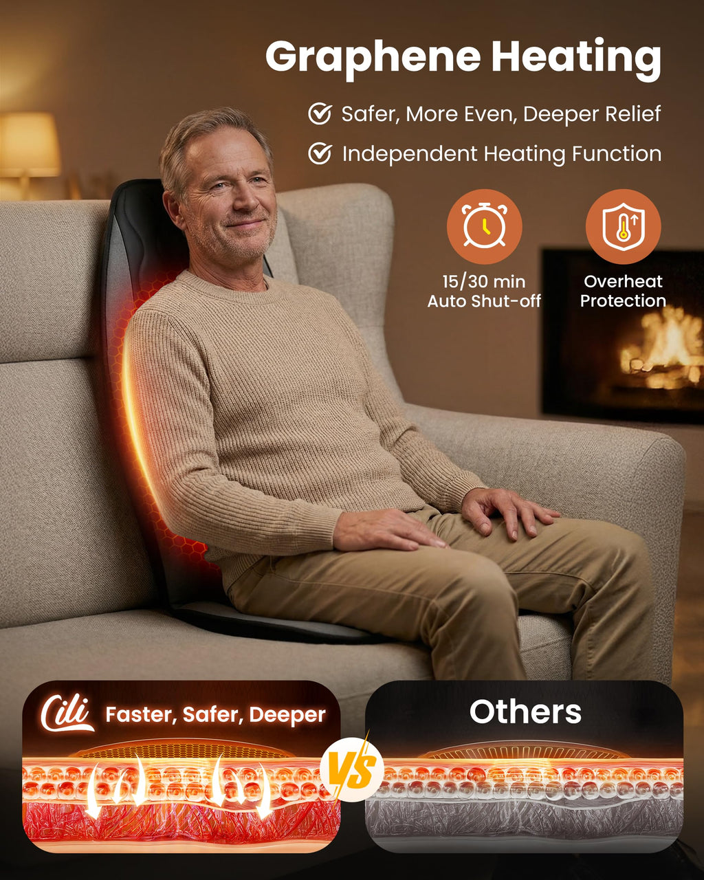 CILI Massage Chair Pad,Back Massager with Heat,Massage Seat Cushion with 10 Vibration Motors,30-60-90 Minutes Heating Options,Chair Massager for Office Chair, Home Office Use, Relaxation Father Gift