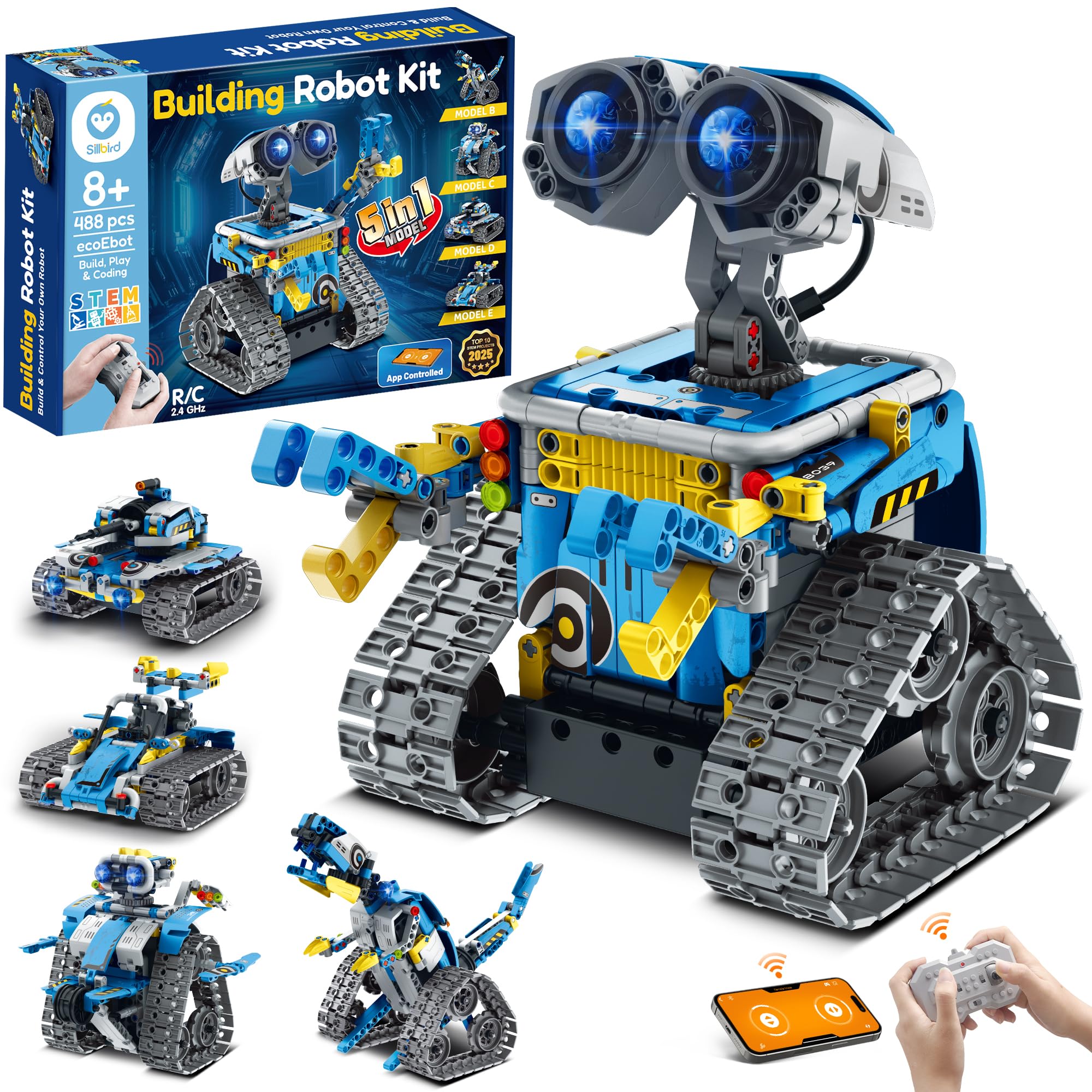 Sillbird Robot Building Kit with Remote Control STEM Gifts for Boys Age 8-13, Coding Robotic Toys for Kids Birthday, Buildable 5in1 Models with 488 Pieces