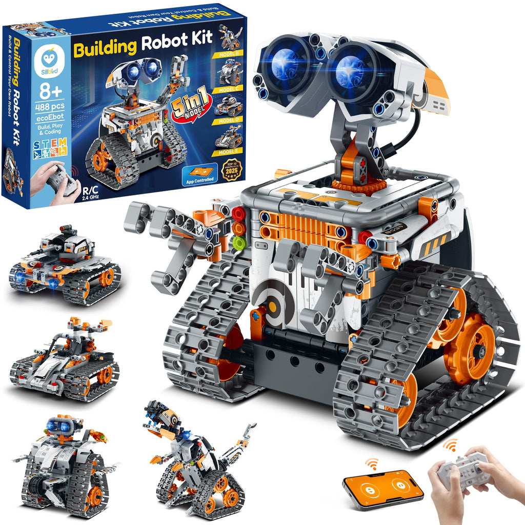 Sillbird Robot Building Kit with Remote Control STEM Gifts for Boys Age 8-13, Coding Robotic Toys for Kids Birthday, Buildable 5in1 Models with 488 Pieces