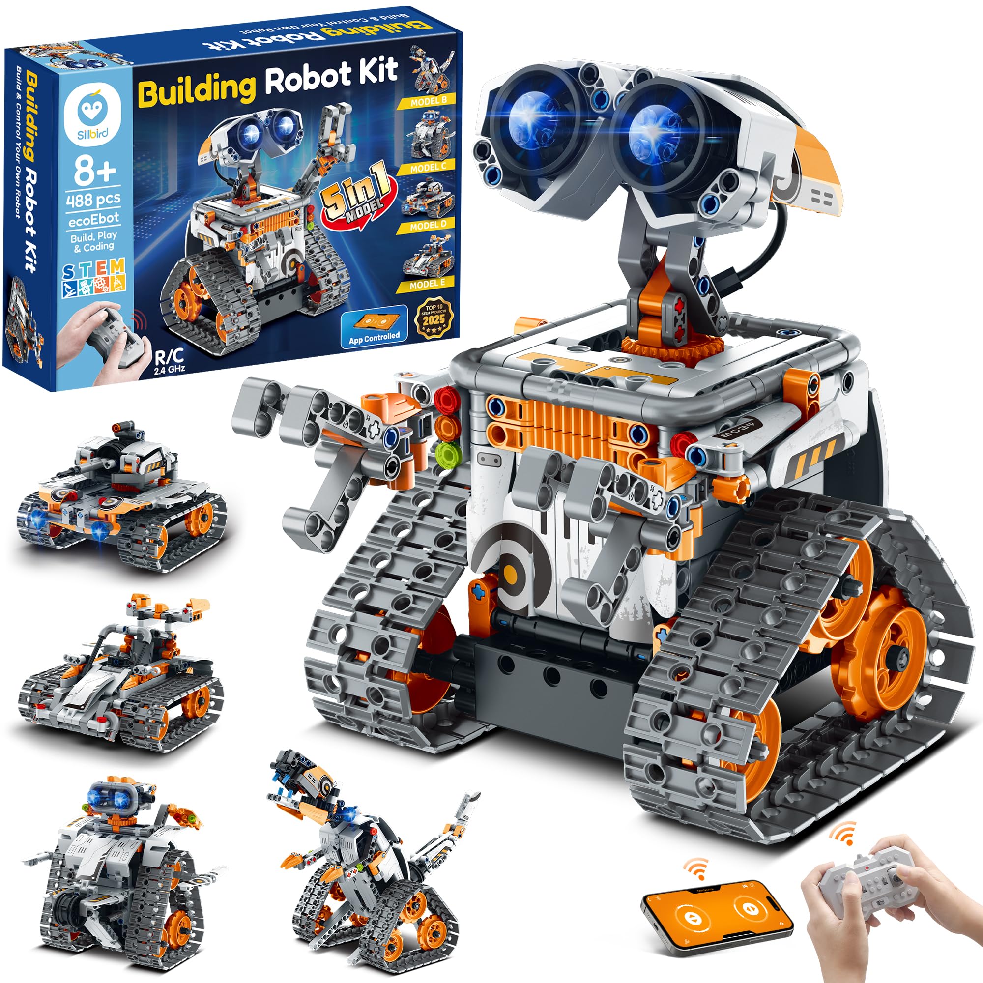 Sillbird Robot Building Kit with Remote Control STEM Gifts for Boys Age 8-13, Coding Robotic Toys for Kids Birthday, Buildable 5in1 Models with 488 Pieces