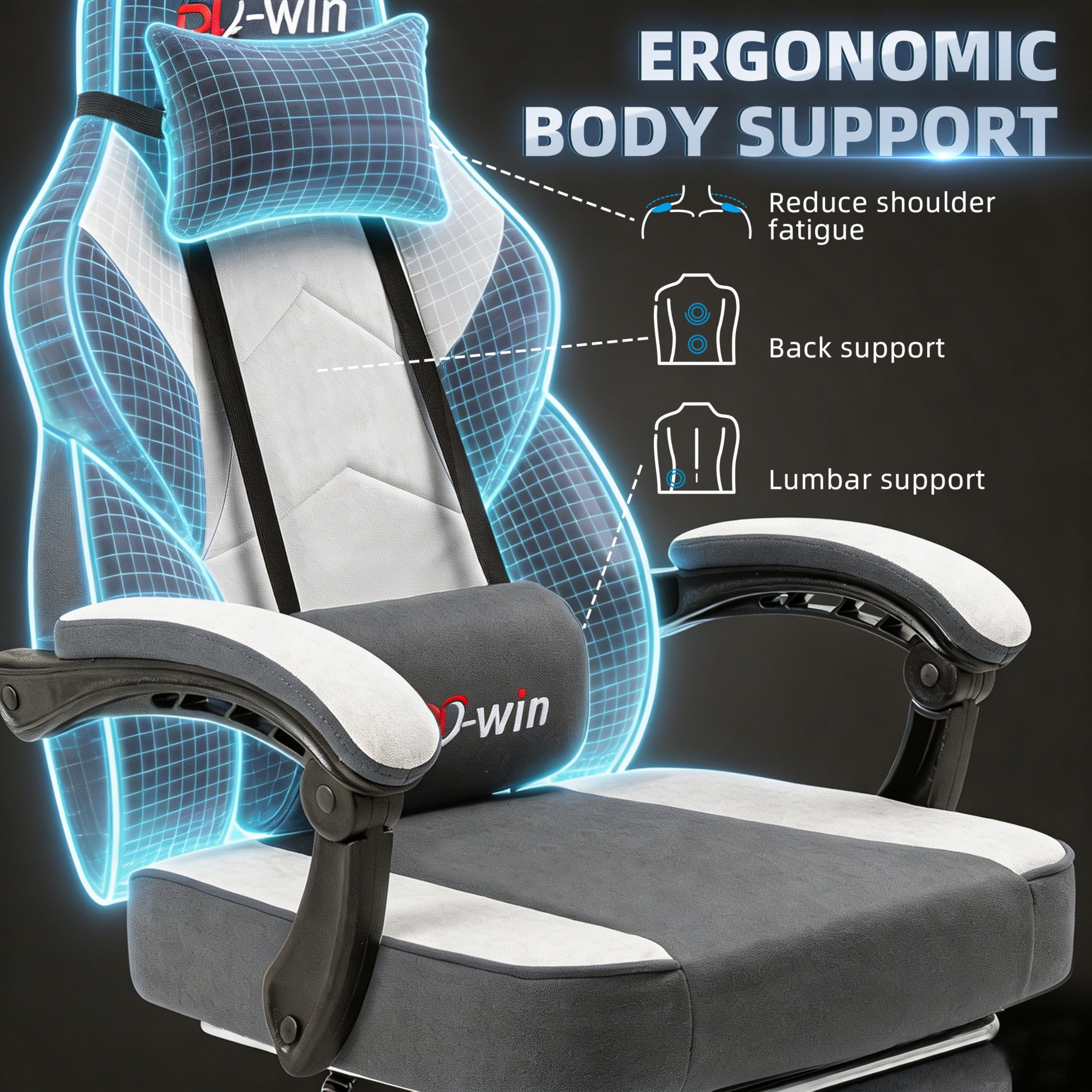 Shintenchi Big and Tall Gaming Chair Fabric Pocket Spring Cushion,High Back Recliner with Footrest and Headrest for Adults, Massage Lumbar Support for Home Office, Ergonomic Computer Desk Chair, Blue