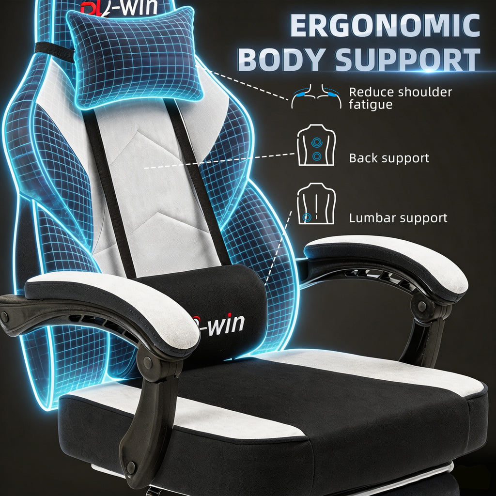 Shintenchi Big and Tall Gaming Chair Fabric Pocket Spring Cushion,High Back Recliner with Footrest and Headrest for Adults, Massage Lumbar Support for Home Office, Ergonomic Computer Desk Chair, Blue