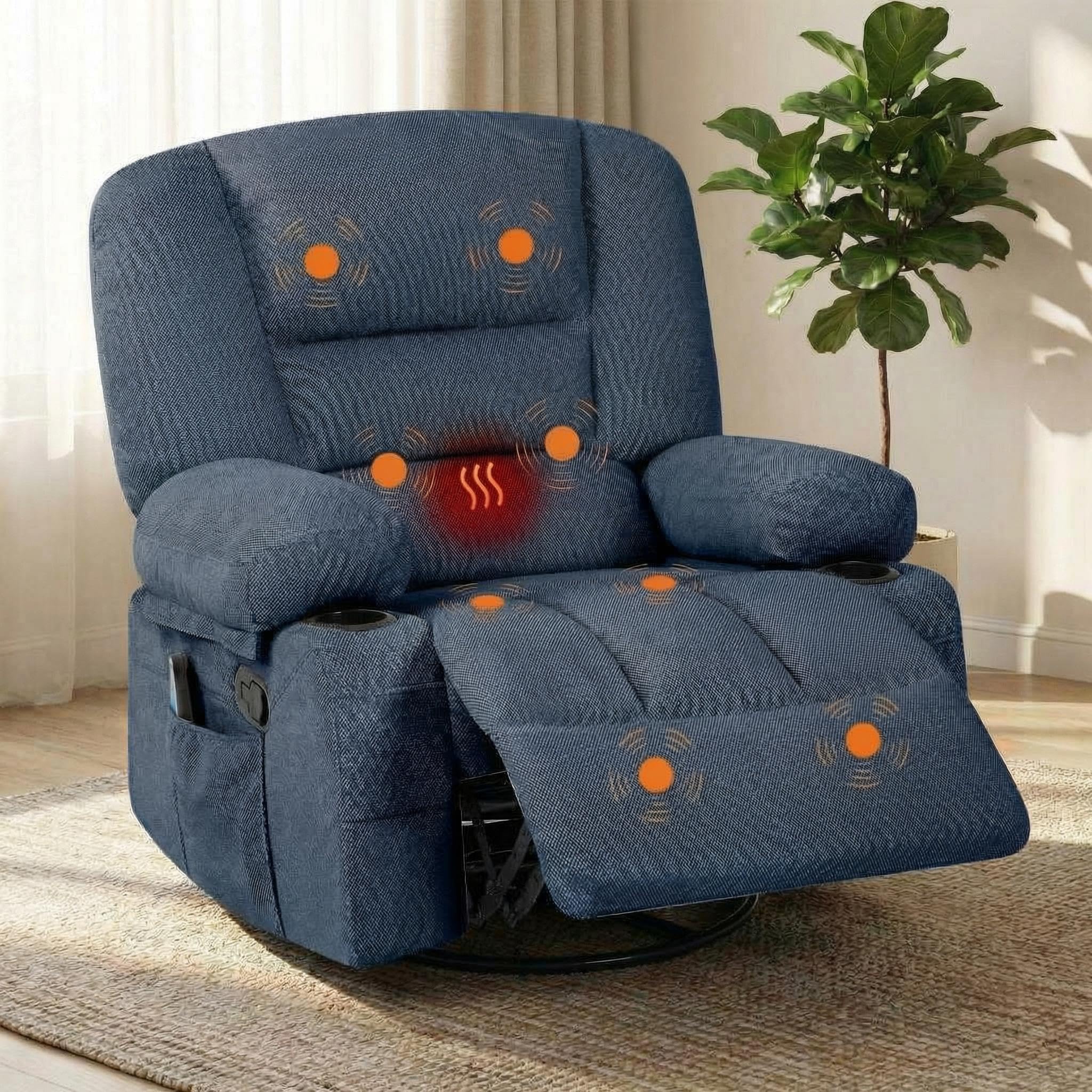 Oversized Wide Recliner Chair with Vibration Massage and Heat, 360° Swivel Recliner Glider for Adults,Chenille Fabric Manual Reclining Single Sofa with Cup Holders & Side Pockets for Living Room,White