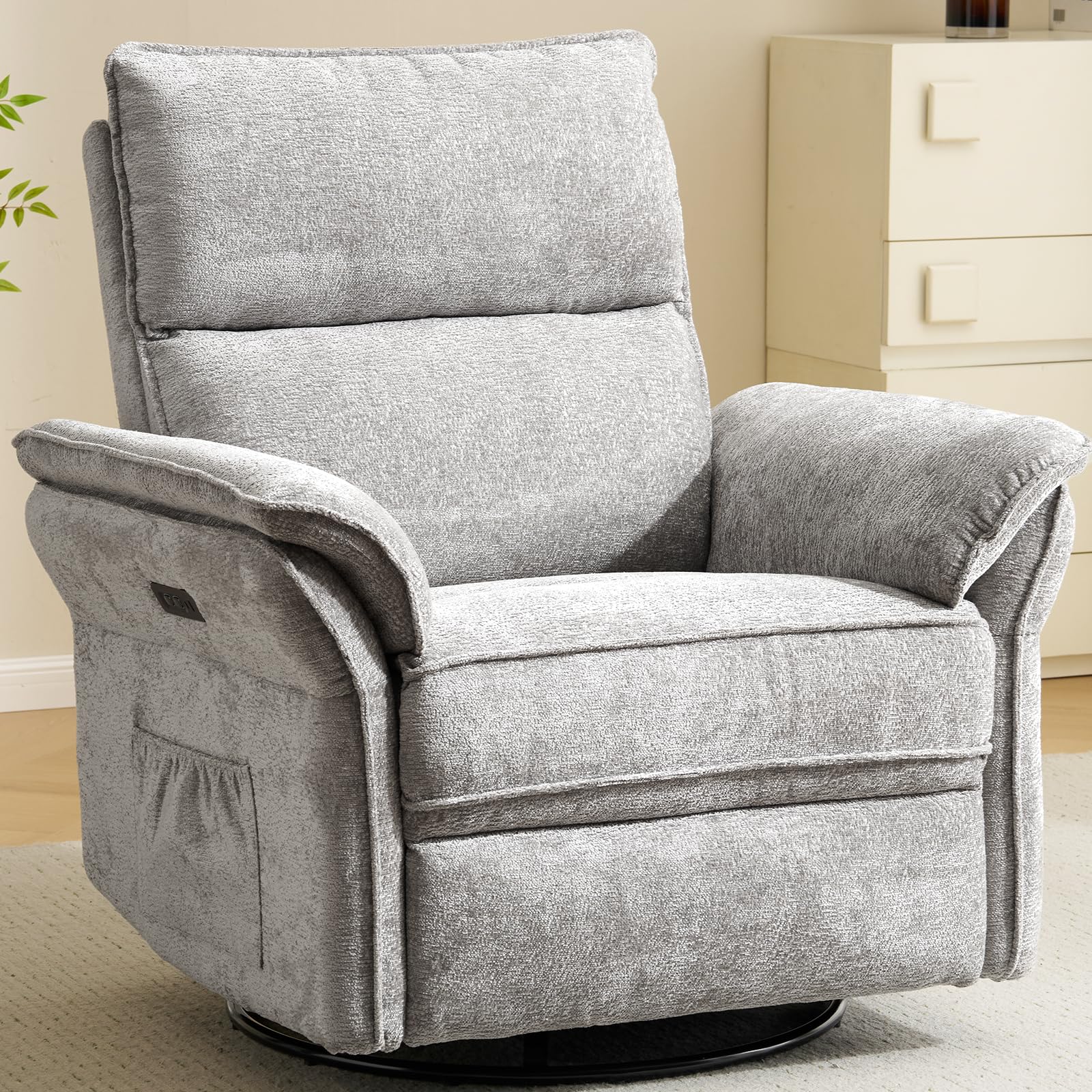 Oversized Rocking Chair Nursery with Massage and Heat, Glider Recliner Nursery Chair with Adjustable Headrest, Power Swivel Rocker Recliner Chair with USB Port, Dark Grey