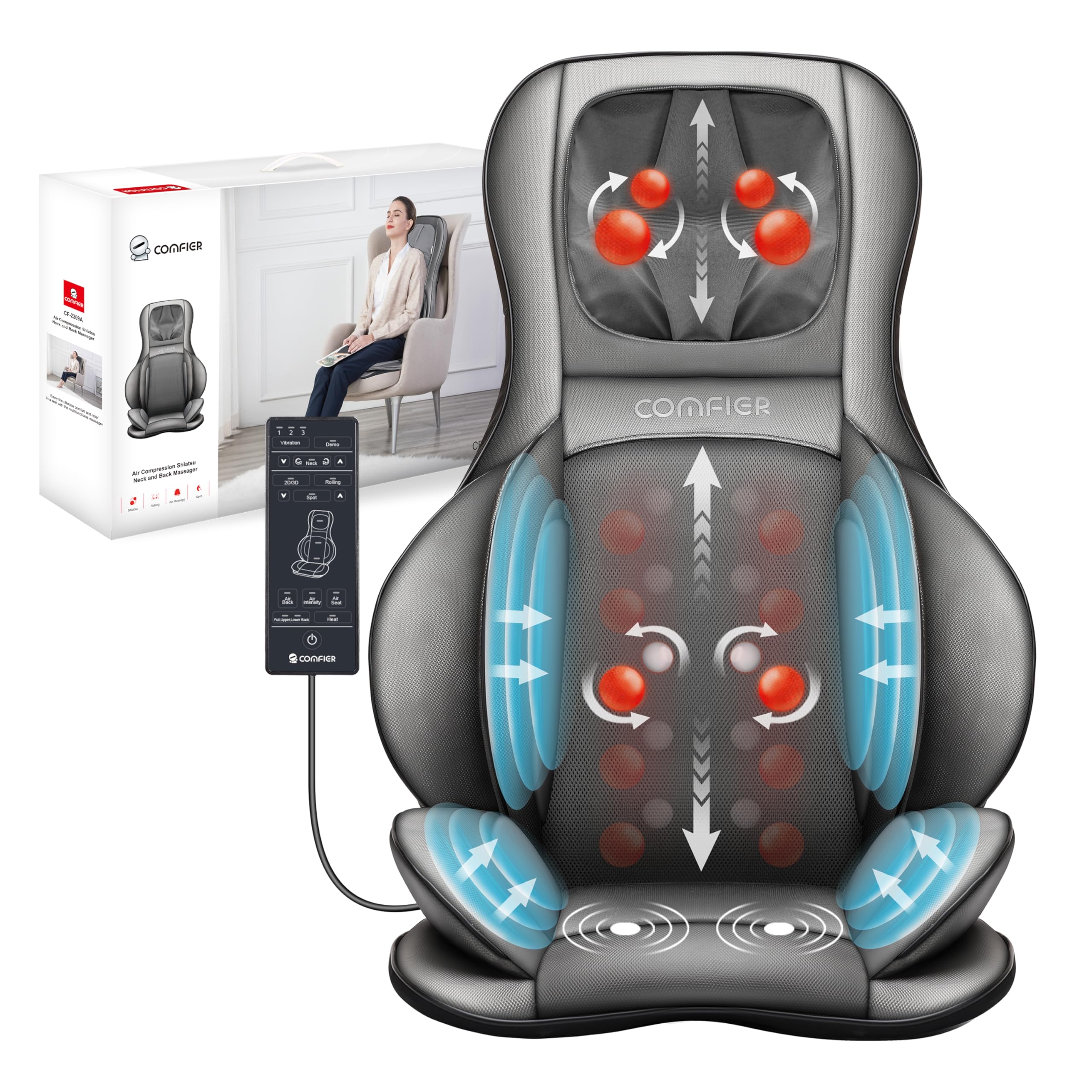 COMFIER Massager Chair with Heat, Shiatsu Neck Back Massager Portable with Compression & Rolling,Massage Chair Pad for Neck & Back for Muscle Tension Relief, Father Day Gift