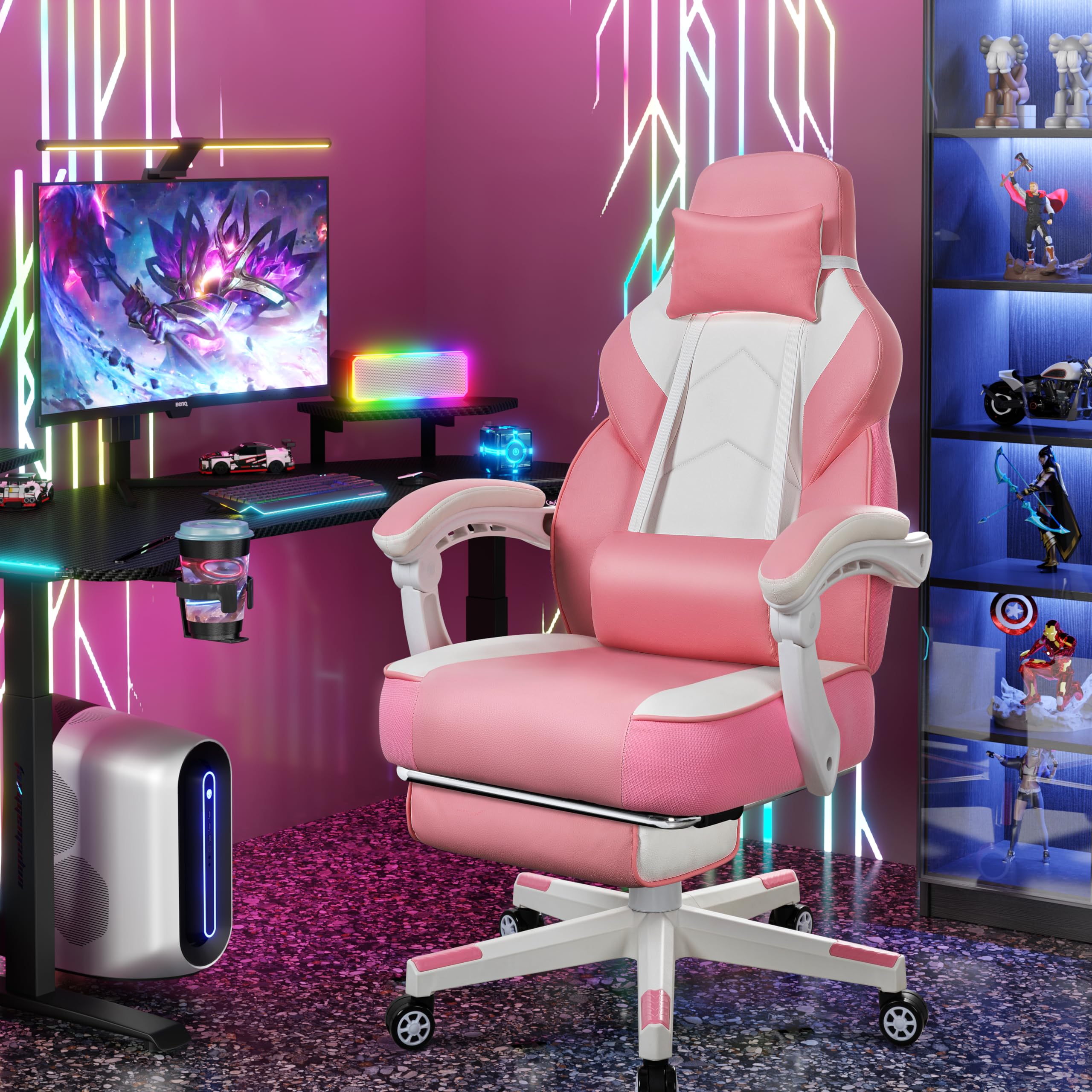 Gaming Chair for Adult, Computer Chair with Footrest Video Game Chair Big and Tall Gaming Chair with Massage Lumbar Support, Adjustable Height and 360° Swivel Seat(Grey)