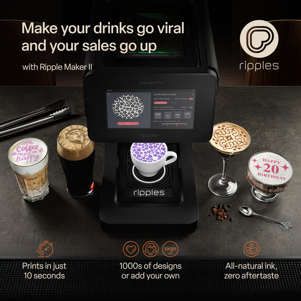 Ripples The Original Maker II, Print on Beverage Foam and Desserts, Plant-Based Ingredients Only, Selfie and Personalized Designs (Machine + Chameleon Pod)