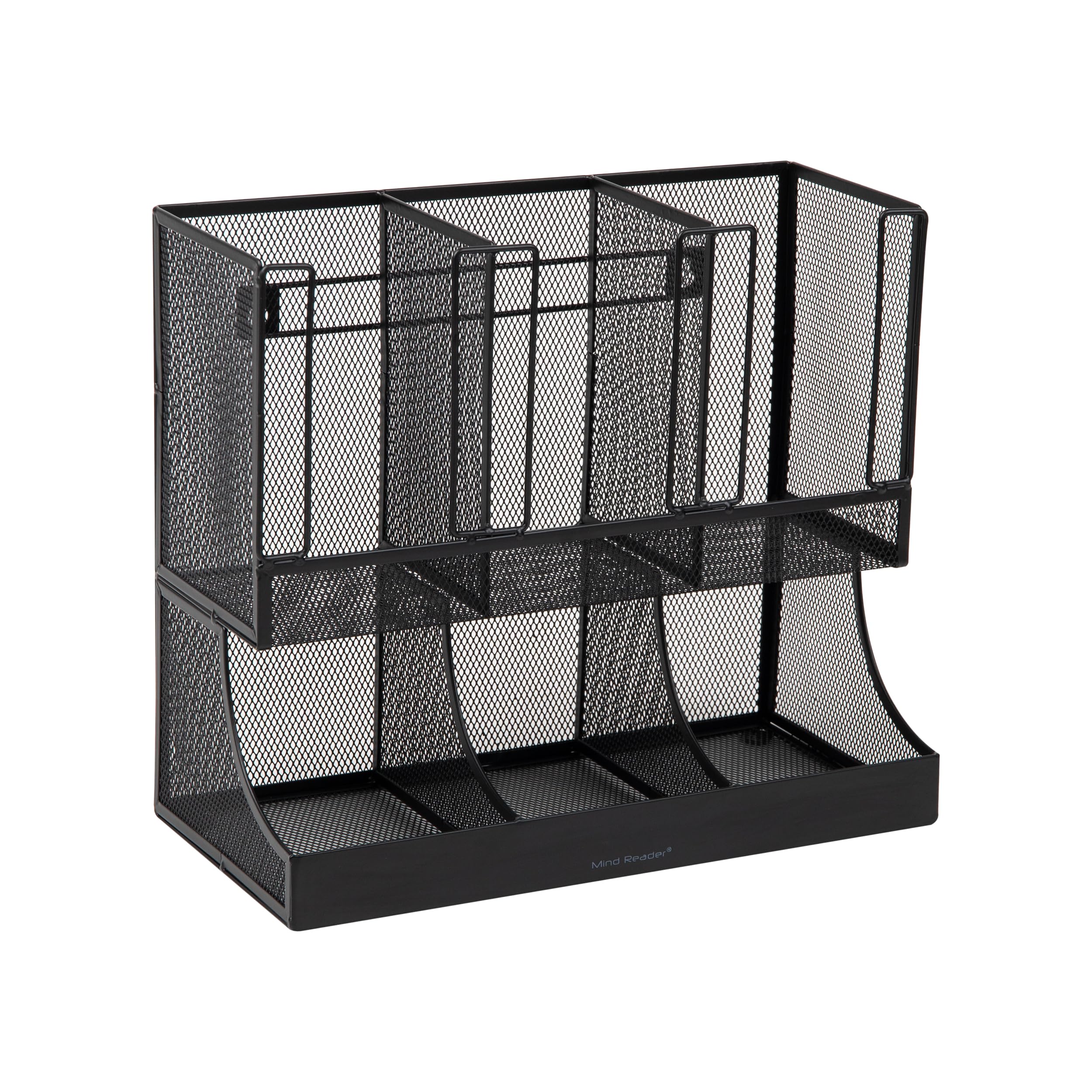 Mind Reader Condiment Station, 13 Inch Countertop Coffee Bar Organizer with 6 Compartments, Storage Caddy for Cups, Lids and Packets, Plastic, Black