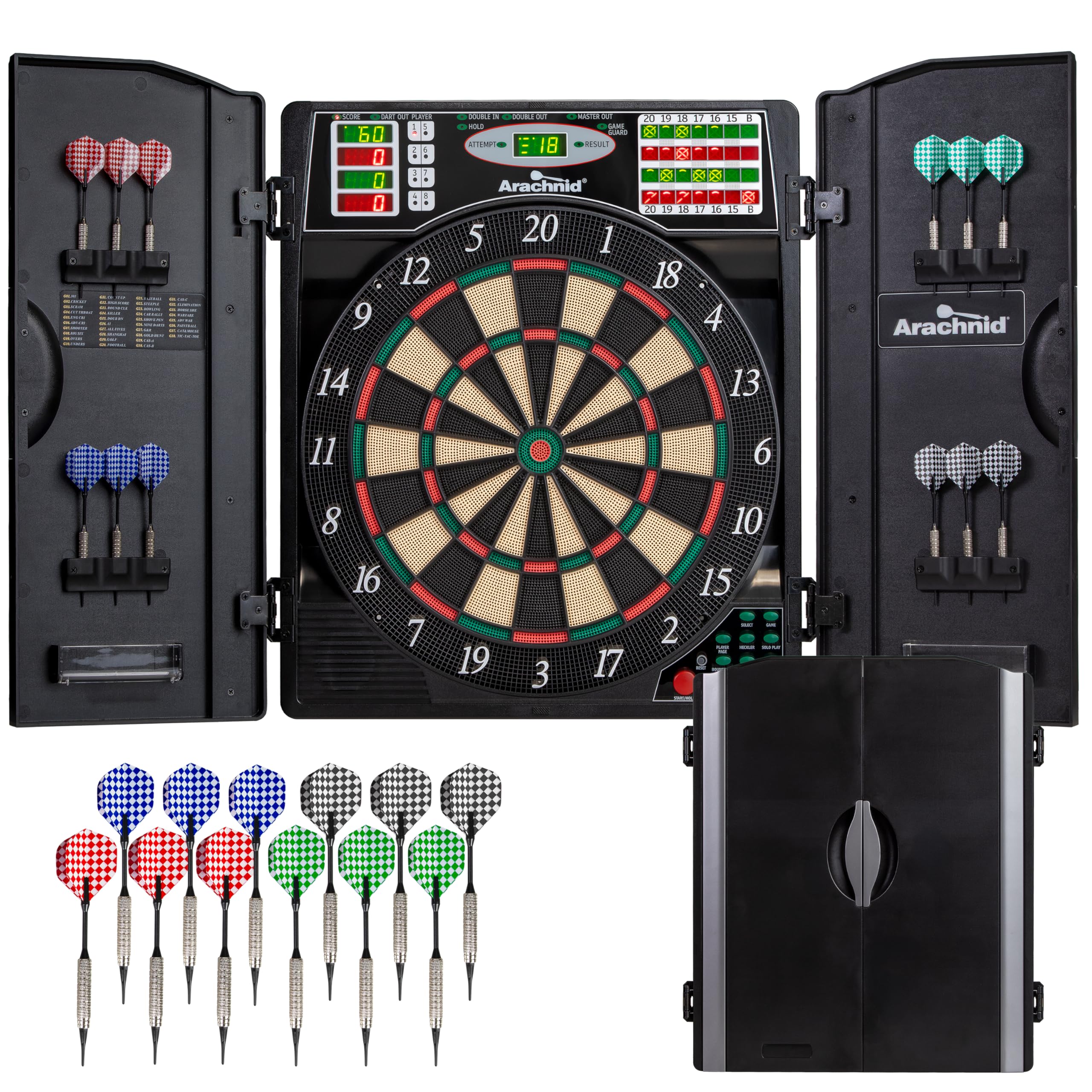 Arachnid Titanium 5400: 13.5” Target with Integrated Cabinet. Offers 38 Games, 316 Variations, Color LED Scoring, and Solo Play. Includes Double in/Out Modes for Competitive Game Room Fun.