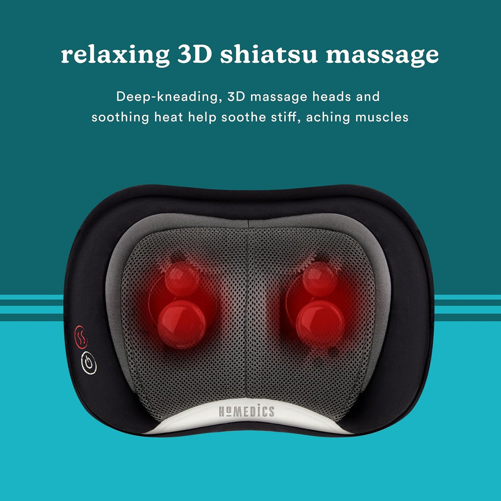Homedics Shiatsu Back Massager with Heat, 3D Deep Tissue Massage Pillow for Neck & Shoulders, Electric Kneading Lumbar Massager Cushion for Upper & Lower Back Pain Relief, Portable Home Office Travel