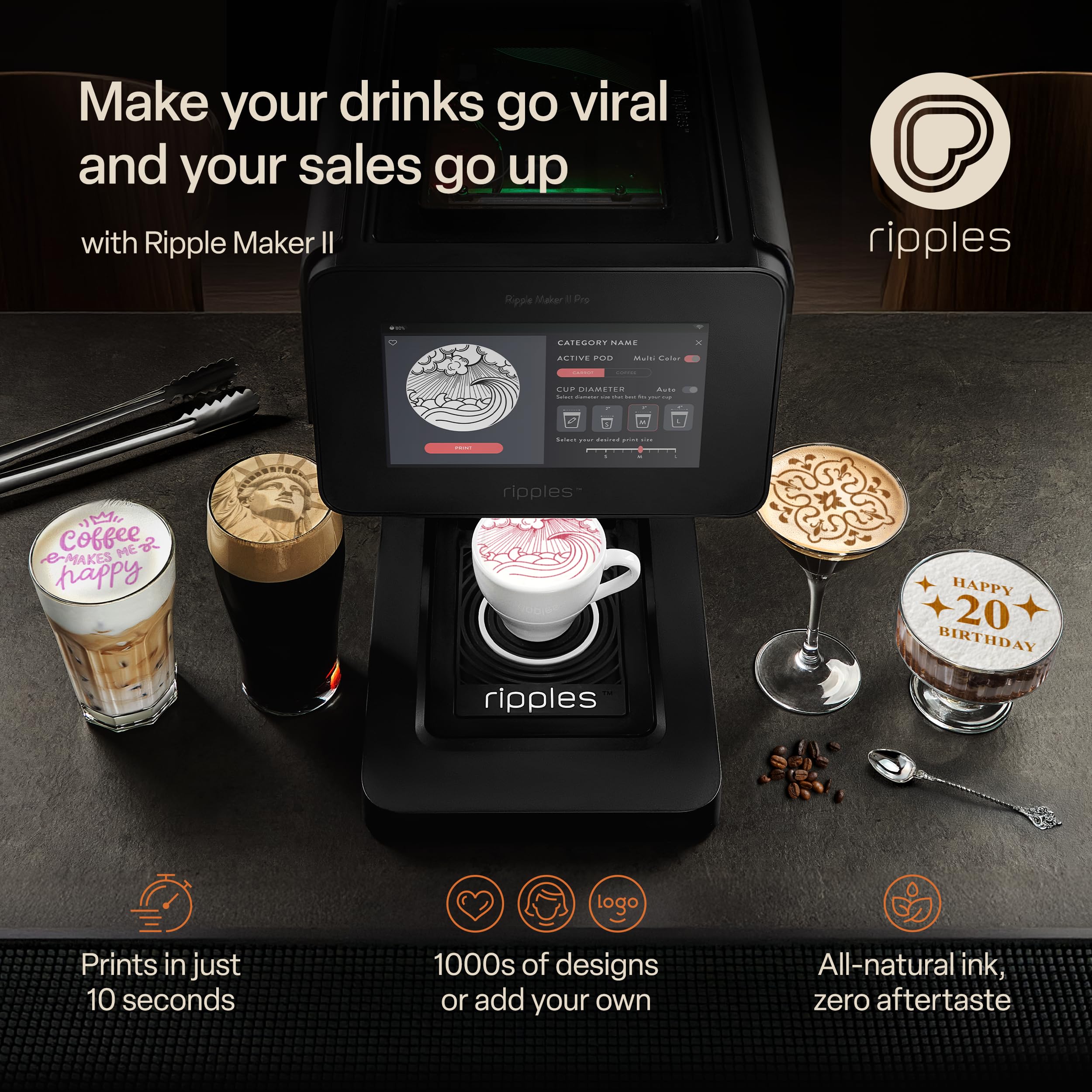 Ripples The Original Maker II, Print on Beverage Foam and Desserts, Plant-Based Ingredients Only, Selfie and Personalized Designs (Machine + Chameleon Pod)