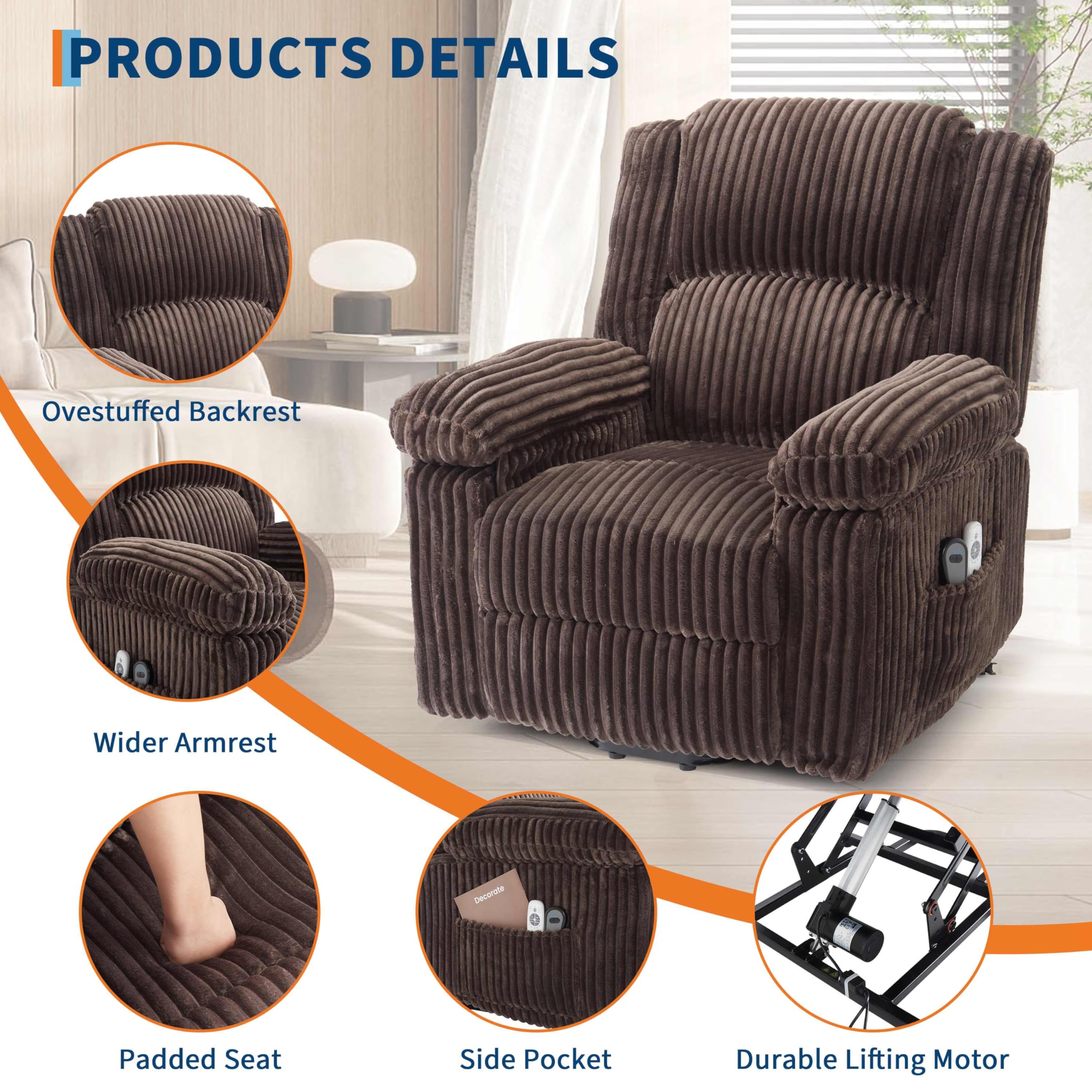 GarveeHome Power Lift Recliner Chair - Heat and Massage, PU Leather Electric Lift Recliner for Elderly & Mobility Impaired，Reclining Sofa with Side Pocket for Living Room