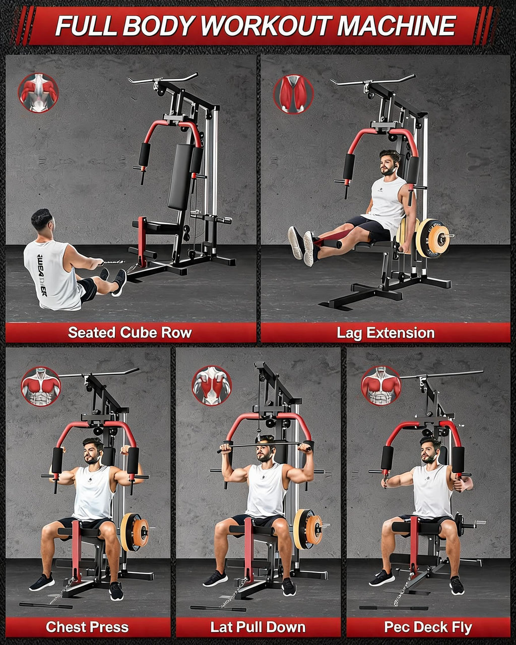 5-in-1 Multifunctional Home Gym Equipment, Full Body Training Machine with LAT Pulldown, Chest Press, Leg Extension, Seated Row,300LB Weight Capacity, Fits 1&2 Inch Weight Plates (Not Included)