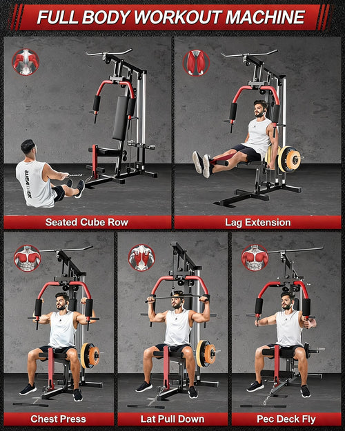 5-in-1 Multifunctional Home Gym Equipment, Full Body Training Machine with LAT Pulldown, Chest Press, Leg Extension, Seated Row,300LB Weight Capacity, Fits 1&2 Inch Weight Plates (Not Included)