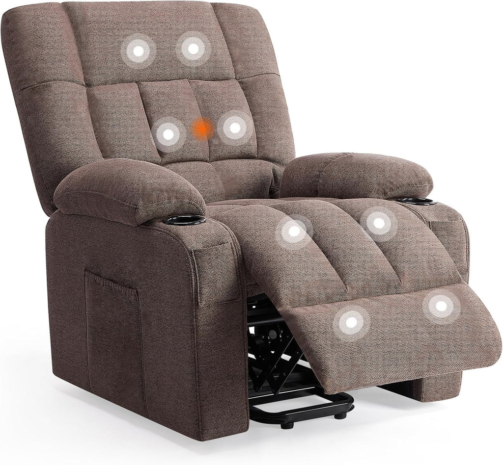 Sweetcrispy Power Lift Recliner Chair with Vibration Massage and Heat for Adults, Ergonomic Overstuffed Breathable Fabric Reclining Chair with Side Pockets, Remote Control, Living Room, Bedroom, Brown