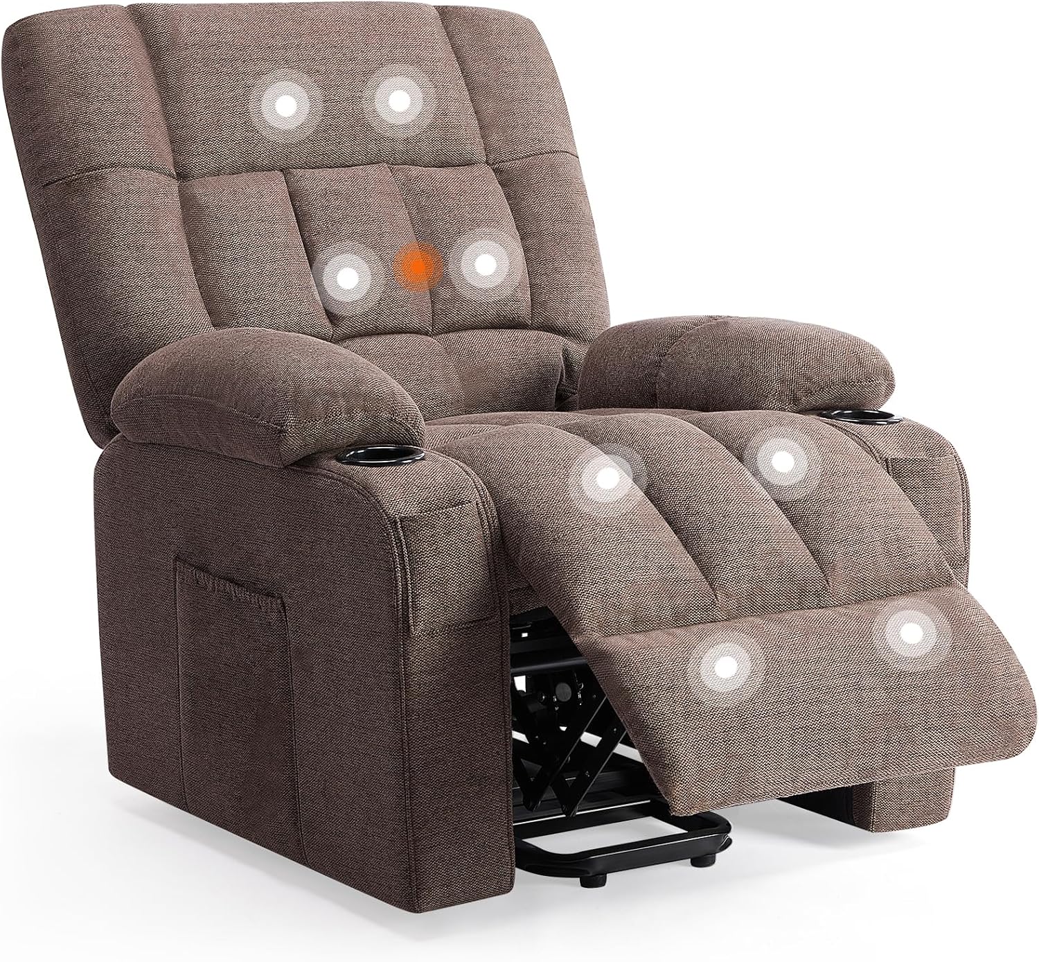 Sweetcrispy Power Lift Recliner Chair with Vibration Massage and Heat for Adults, Ergonomic Overstuffed Breathable Fabric Reclining Chair with Side Pockets, Remote Control, Living Room, Bedroom, Brown