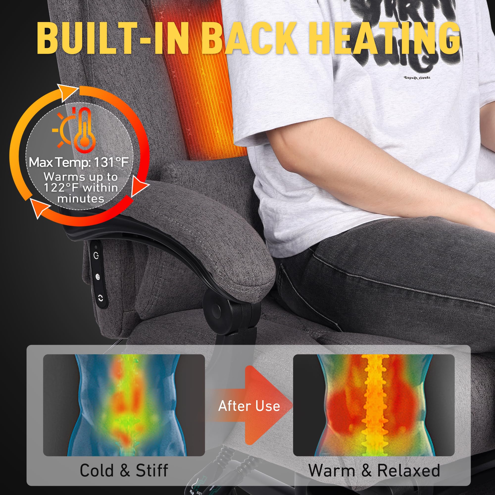 3D Kneading Massage Office Chair with Heat, 500 lbs Big and Tall Executive Computer Desk Recliner, Leather Electric Heated Chair with Footrest, Black