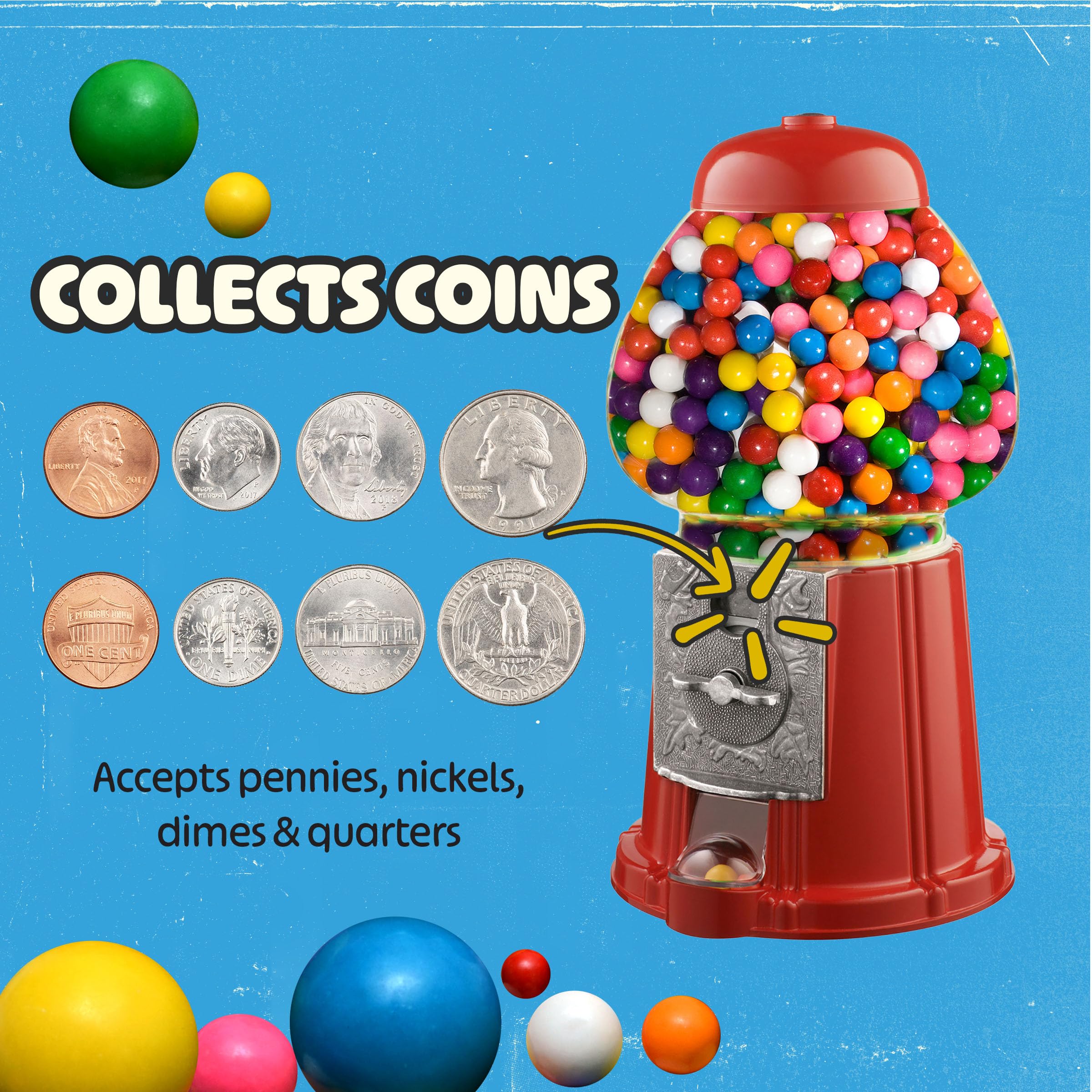 15” Gumball Machine with Stand and Coin Bank - Bubble Gum Machine Candy Dispenser with Glass Globe and Metal Base - Vintage Style Gum Ball Vending Dispenser by Great Northern Popcorn (Pink)