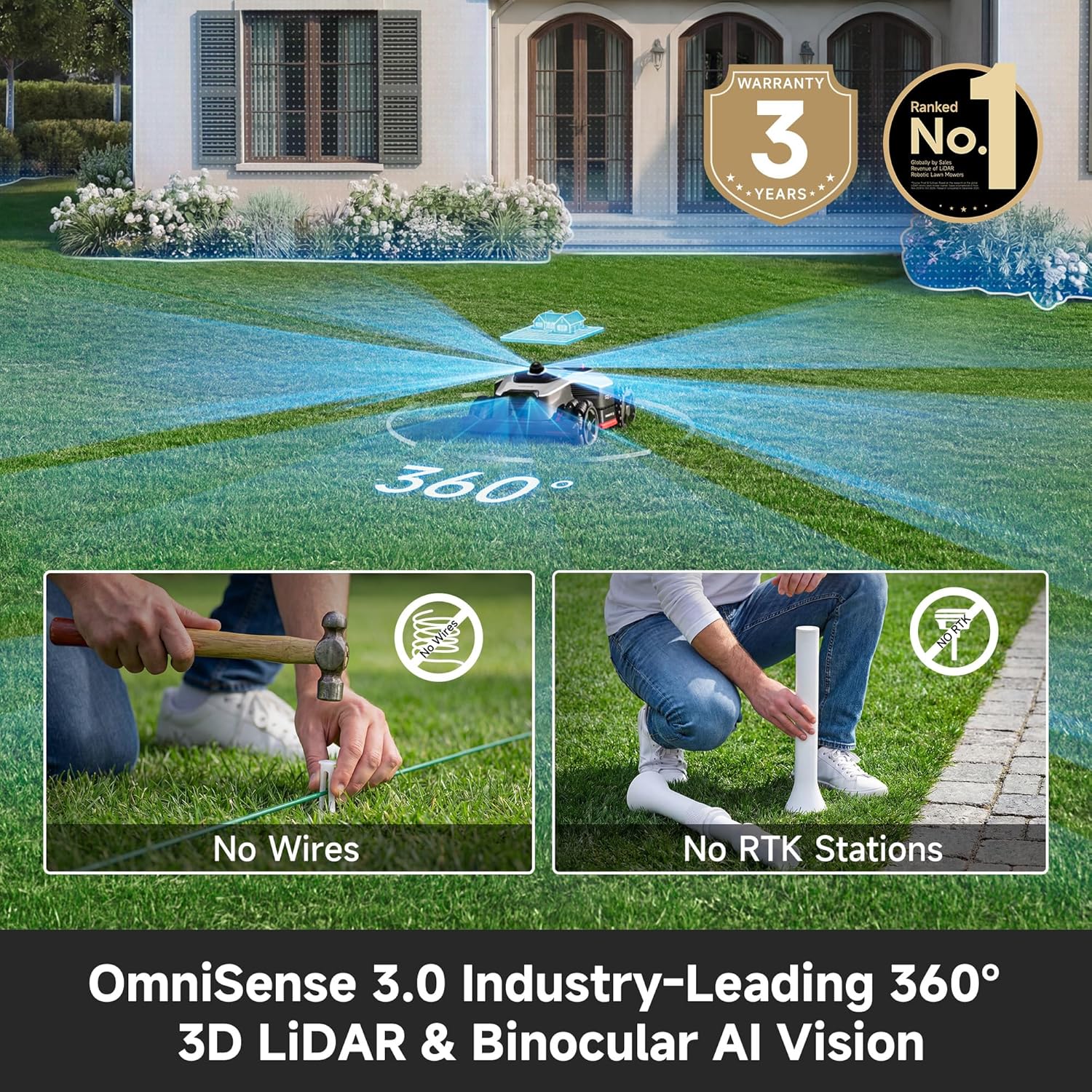 [All-Terrain Wire-Free] DREAME A3 AWD 2000 Robot Lawn Mower, 360° 3D LiDAR & AI Dual Vision Smart Robotic Mowers for 0.5 Acre, 80% Slopes & 45min Fast Charge, 1.97" Edge Trimming, 4G GPS Anti-Theft