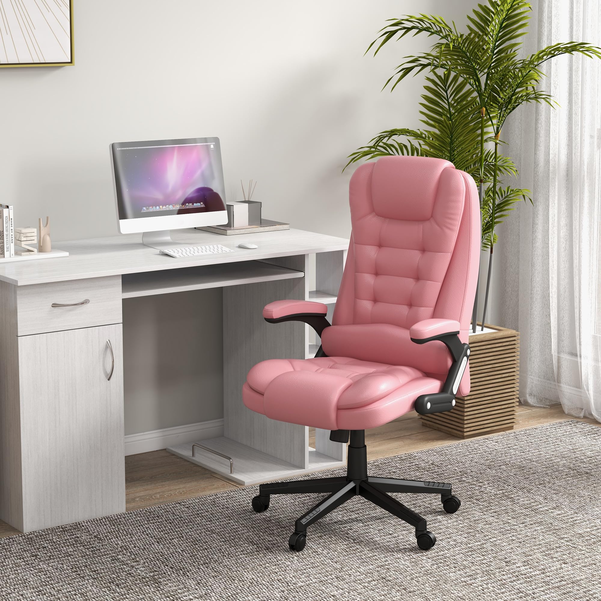 HOMCOM High Back Vibration Massage Office Chair with 6 Vibration Points, Heated Reclining PU Leather Computer Chair with Armrest and Remote, Brown