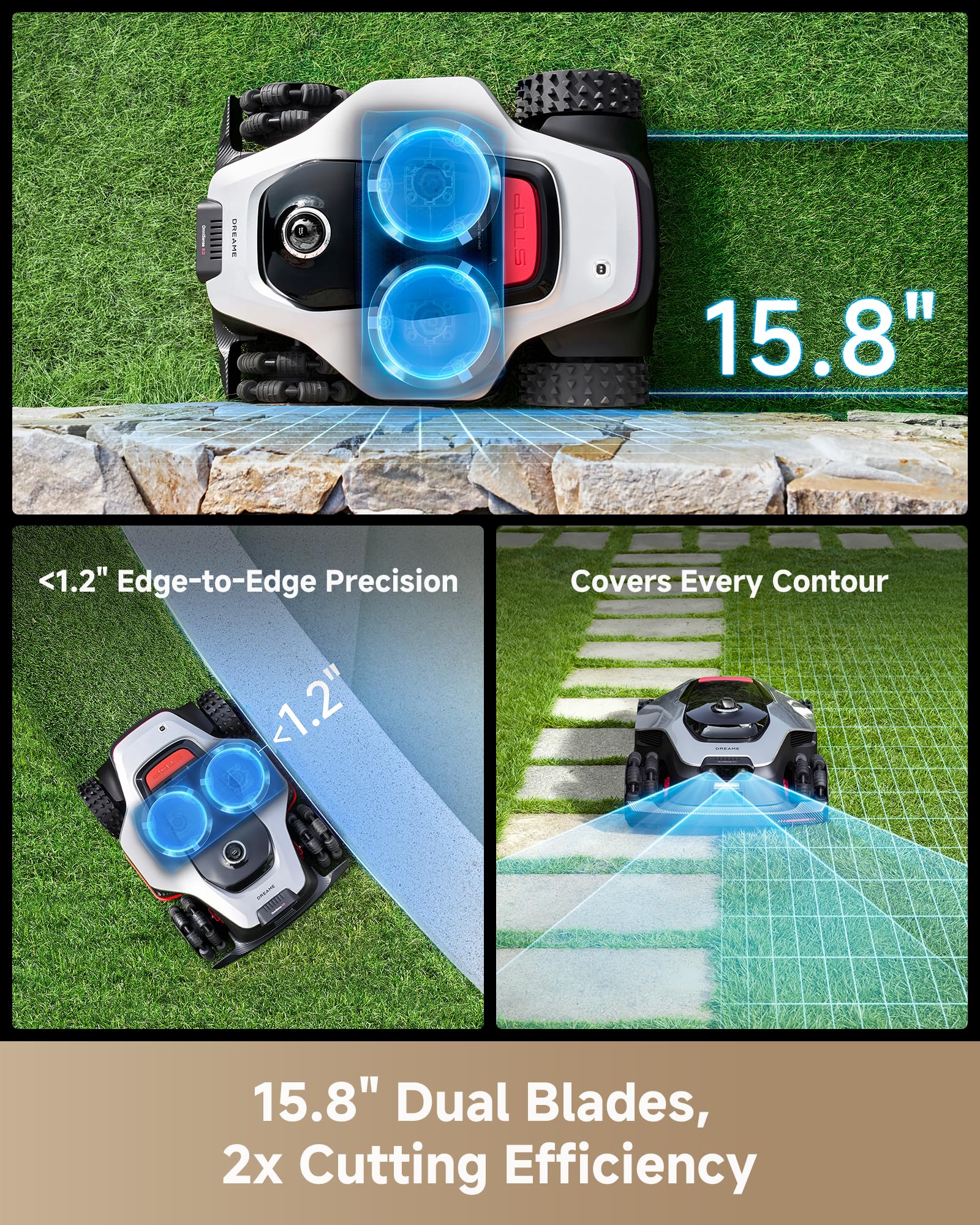 DREAME LiDAR 3500 Robot Lawn Mower A3 AWD Pro Wire Free No RTK, 4WD for 38.7° Slopes, Dual AI Vision Robotic Lawn Mowers,Dual-Disc Cutting 15.8" Width, Smart Zero-Edge, App Control for 0.87 Acre