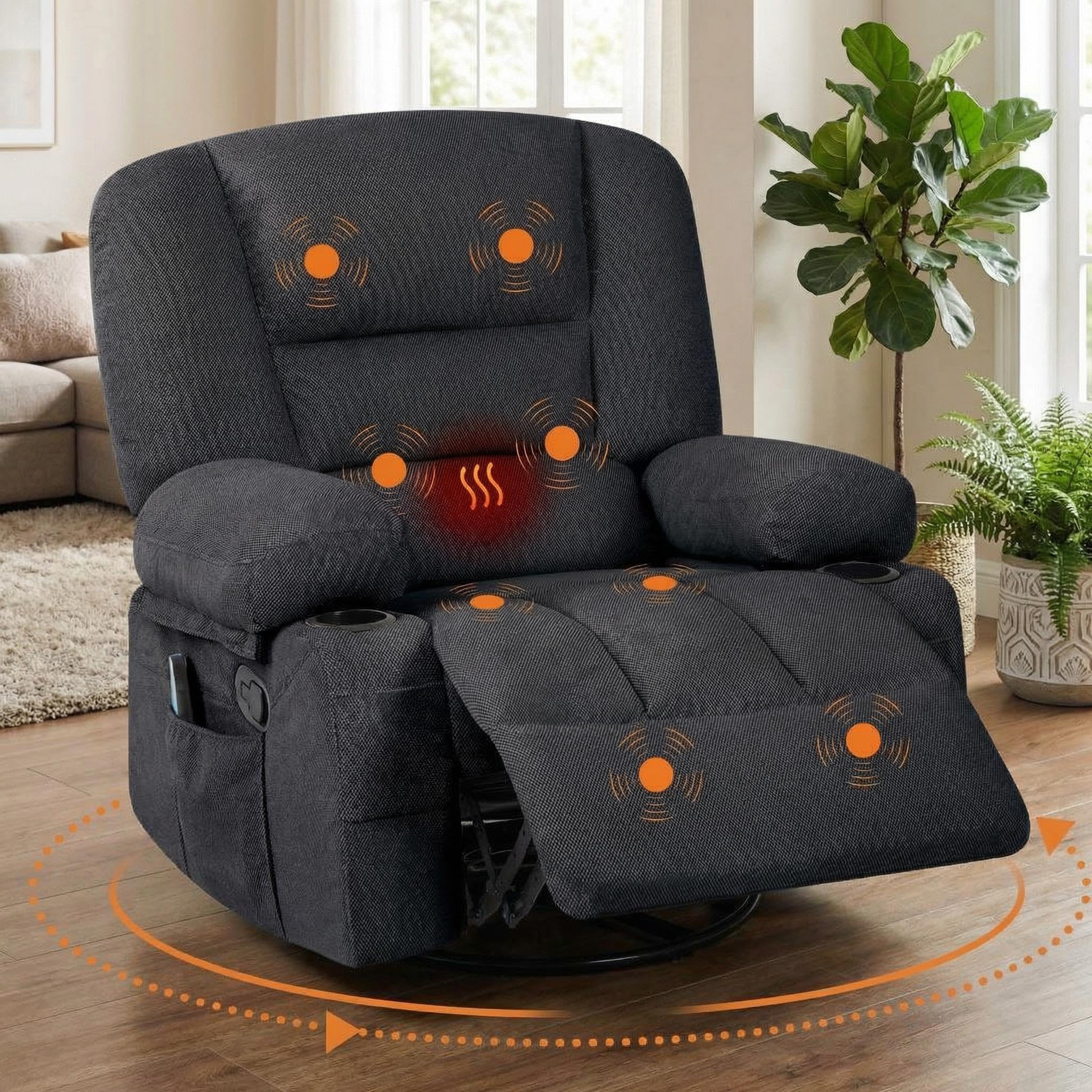 Oversized Wide Recliner Chair with Vibration Massage and Heat, 360° Swivel Recliner Glider for Adults,Chenille Fabric Manual Reclining Single Sofa with Cup Holders & Side Pockets for Living Room,White