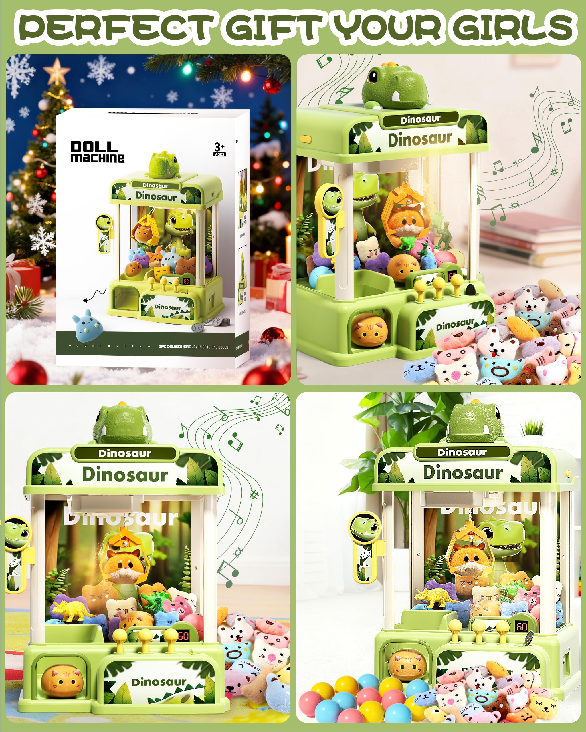 STACTCUTE 78PCS Large Dinosaur Claw Machine for Kids, No Assembly Required - Electronic Arcade Game with Music & Lights, Vending Machine Toy Prize Dispenser - Birthday Gift for Boys & Girls Age 3+