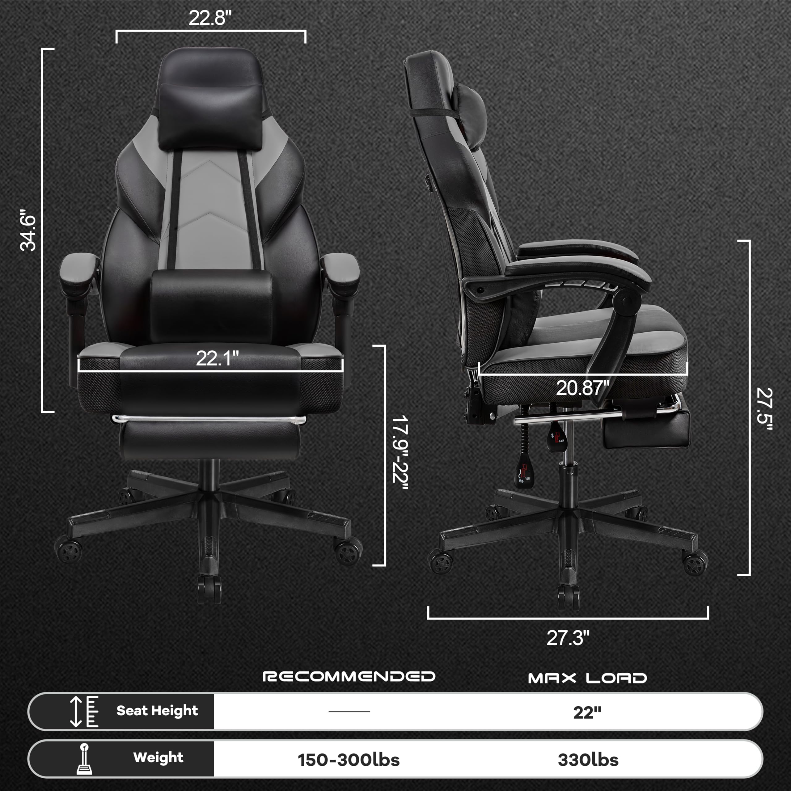 Gaming Chair for Adult, Computer Chair with Footrest Video Game Chair Big and Tall Gaming Chair with Massage Lumbar Support, Adjustable Height and 360° Swivel Seat(Grey)