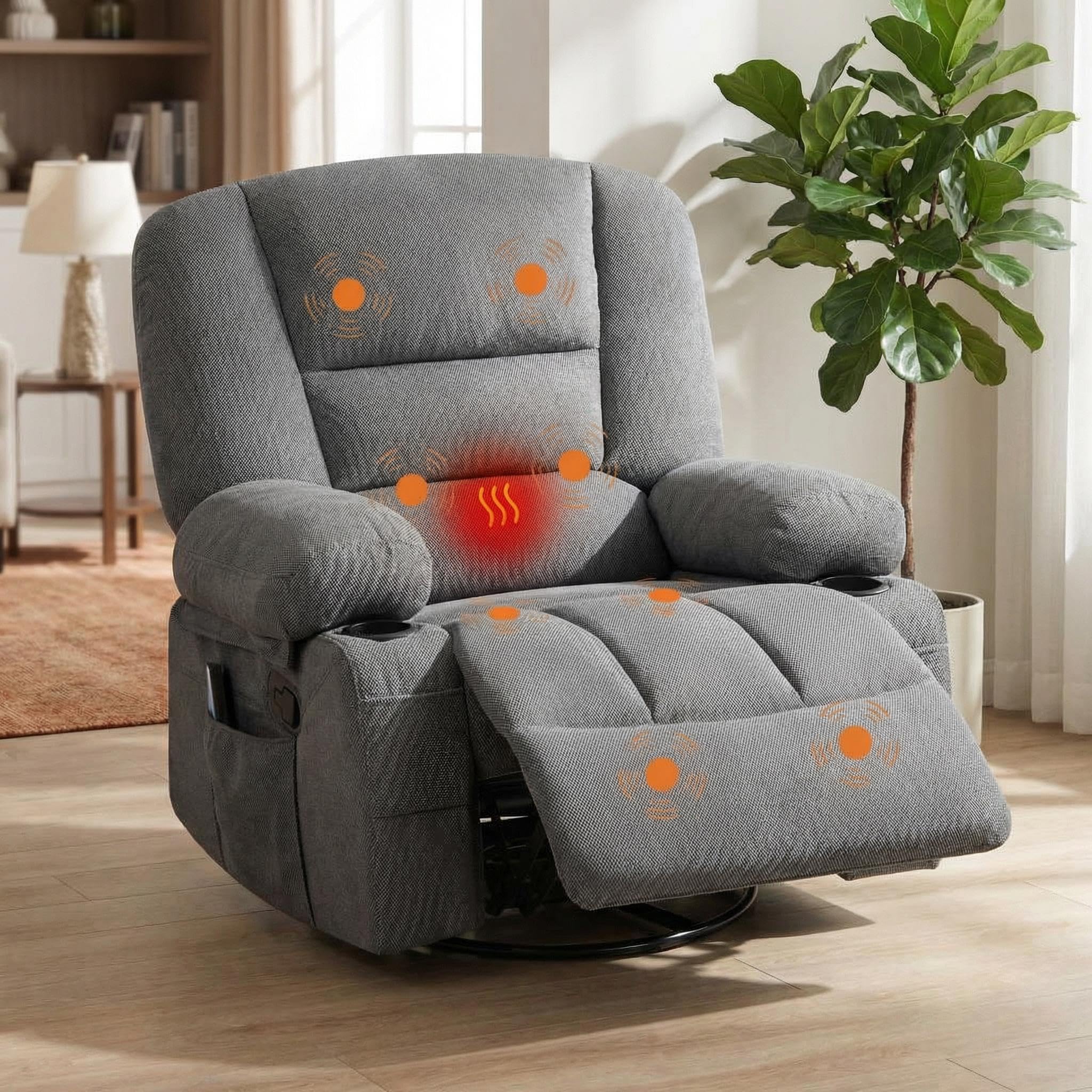 Oversized Wide Recliner Chair with Vibration Massage and Heat, 360° Swivel Recliner Glider for Adults,Chenille Fabric Manual Reclining Single Sofa with Cup Holders & Side Pockets for Living Room,White