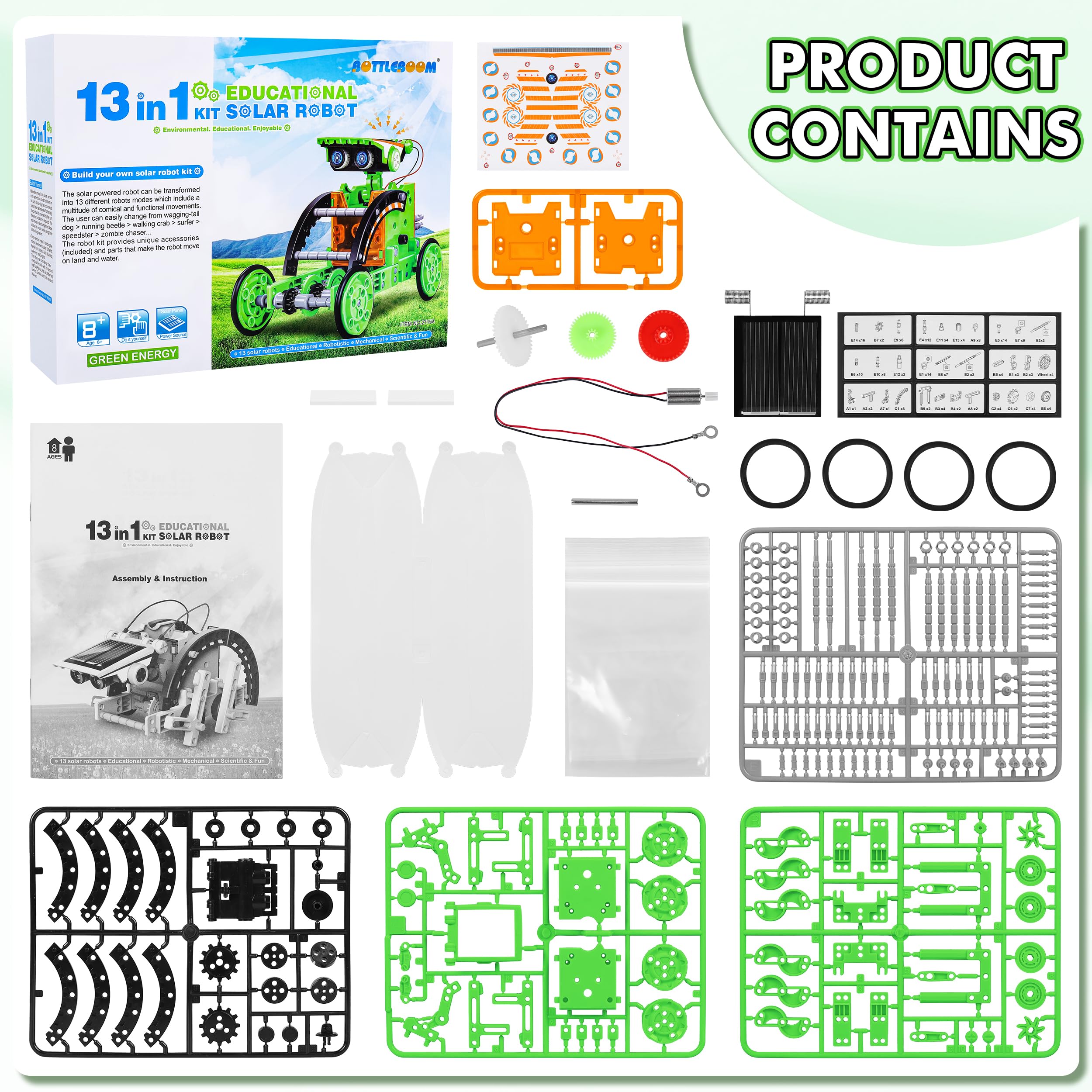 Bottleboom STEM 13-in-1 Education Solar Power Robots Toys for Boys Age 8-12, Educational Toy Science Kits for Kids Experiment Robotics Set Birthday Gifts for 8 9 10 11 12 Years Old