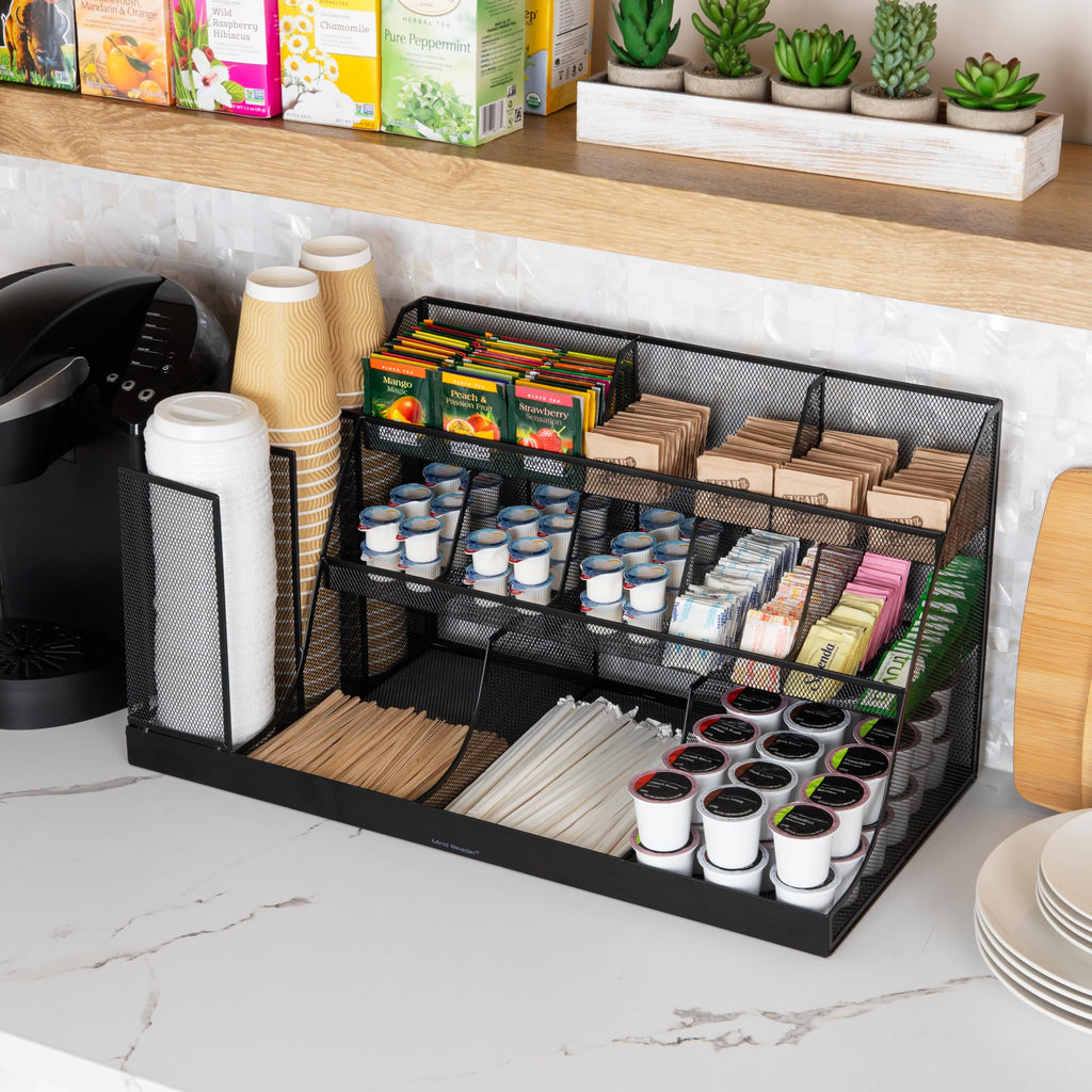 Mind Reader Cup and Condiment Station, Countertop Organizer, Coffee Bar, Kitchen, Stirrers, Black