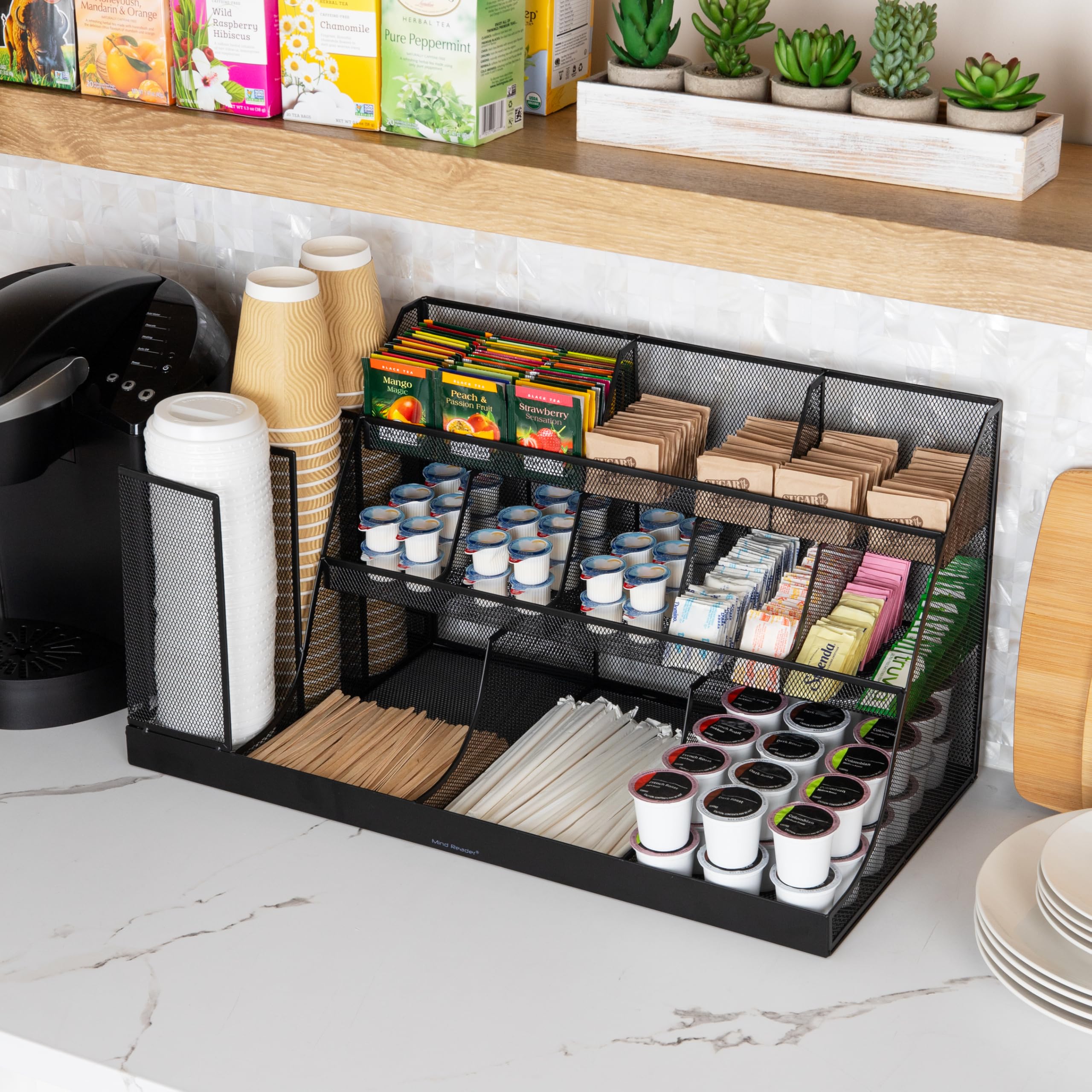 Mind Reader Cup and Condiment Station, Countertop Organizer, Coffee Bar, Kitchen, Stirrers, Black