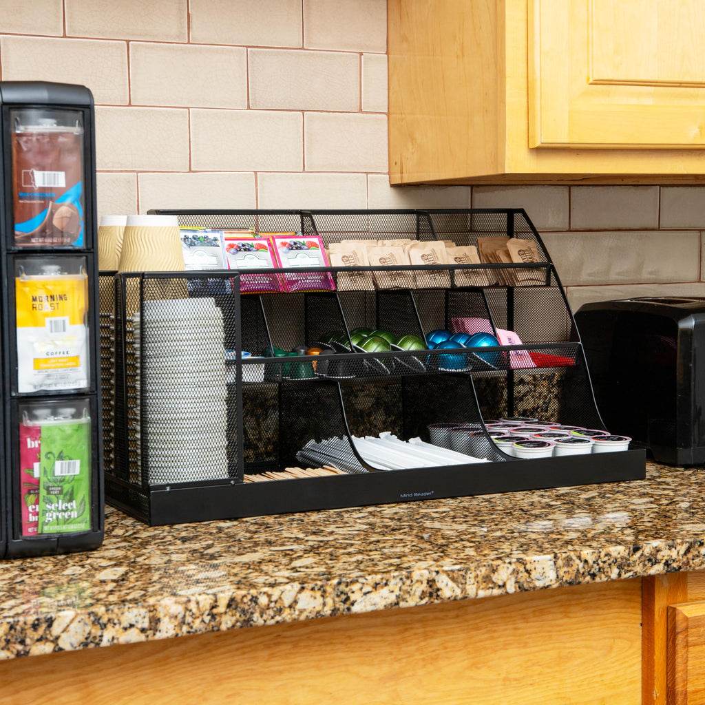 Mind Reader Cup and Condiment Station, Countertop Organizer, Coffee Bar, Kitchen, Stirrers, Black
