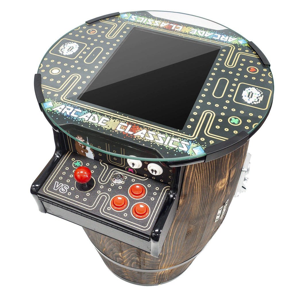 Creative Arcades Full-Size Commercial Grade Wine Barrel Style Pub Arcade Machine | Standard/Medium/Large | Classic Games | 2 Sanwa Joysticks | 2 Stools (Large, 60 Game, 19" Screen, Woodgrain)