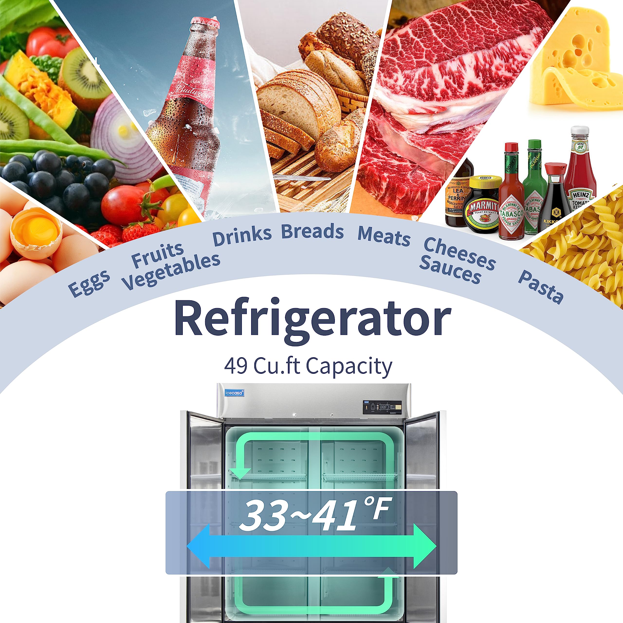 ICECASA 48" W Commercial Refrigerator Reach-in 36 Cu.ft 2 Solid Door Stainless Steel Commercial Refrigerator Fan Cooling for Restuarant, Bar, Shop, etc