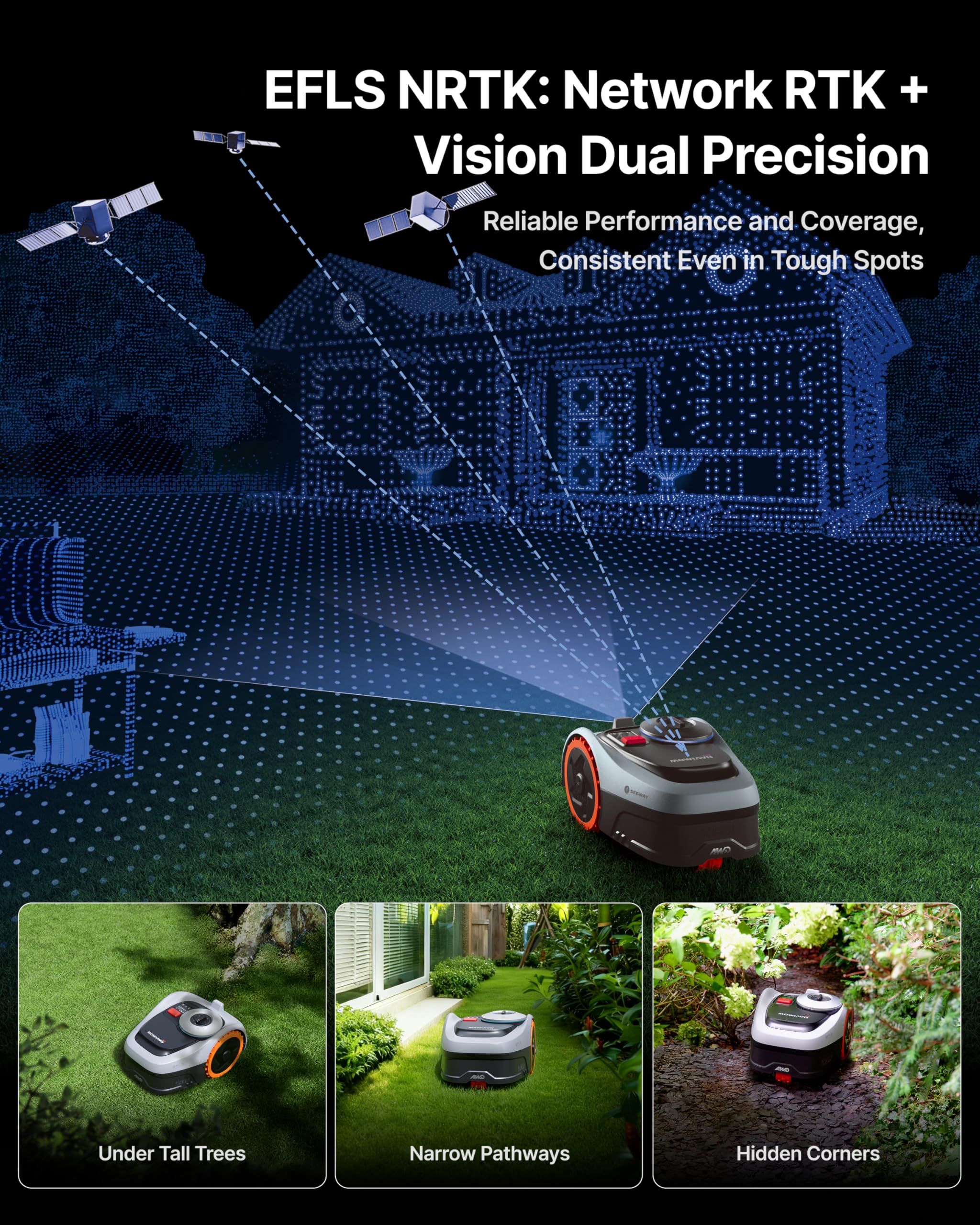 Segway Navimow i210 AWD Robot Lawn Mower Wire Free with Garage S, All-Wheel Drive for 45% Slopes, EFLS NRTK + Vision Auto Mapping, Covers 1/4 Acre (Garage Shipped Separately)