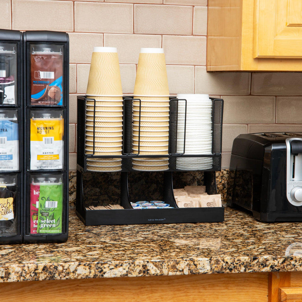 Mind Reader Condiment Station, 13 Inch Countertop Coffee Bar Organizer with 6 Compartments, Storage Caddy for Cups, Lids and Packets, Plastic, Black