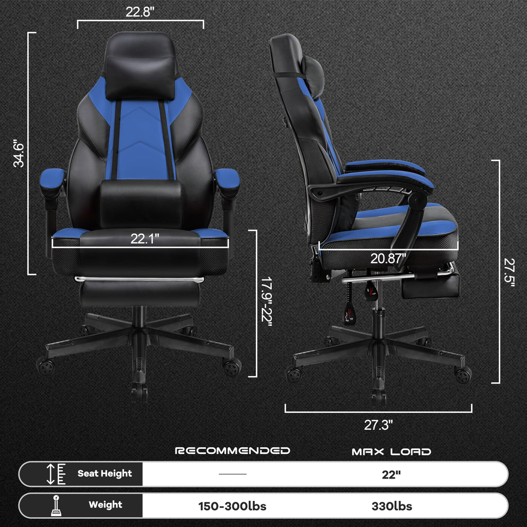 Gaming Chair for Adult, Computer Chair with Footrest Video Game Chair Big and Tall Gaming Chair with Massage Lumbar Support, Adjustable Height and 360° Swivel Seat(Grey)