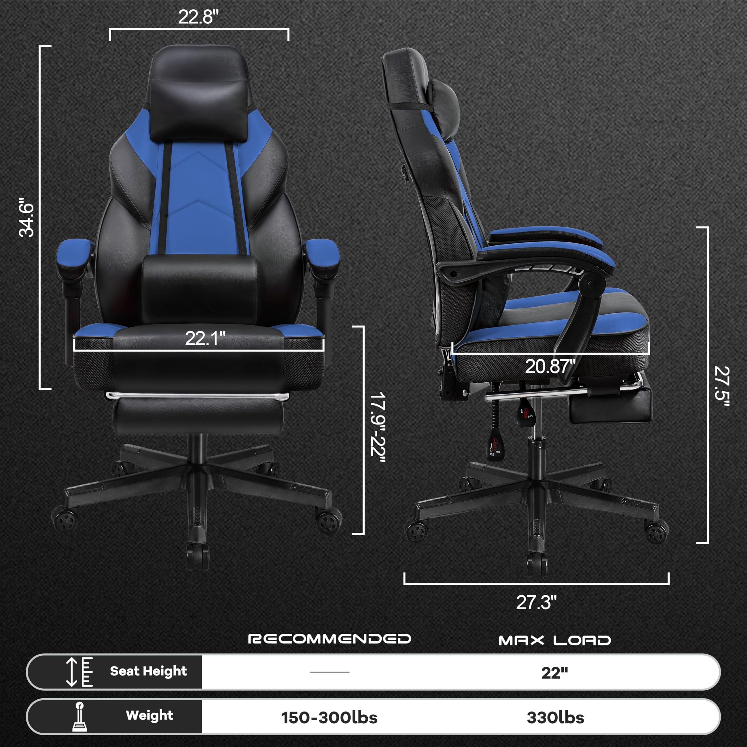 Gaming Chair for Adult, Computer Chair with Footrest Video Game Chair Big and Tall Gaming Chair with Massage Lumbar Support, Adjustable Height and 360° Swivel Seat(Grey)