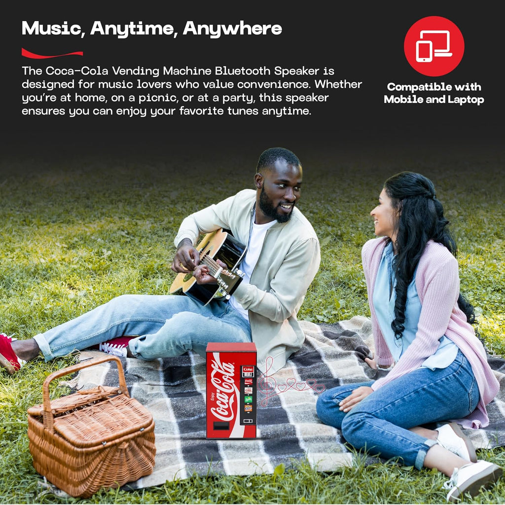 Coca-Cola Vending Machine Bluetooth Speaker, Dual 5W Speakers, Wireless Bluetooth v5.3, FM Radio, USB/MicroSD Playback, AUX Input, 10m Range, Rechargeable Battery, LED Indicator, Coca-Cola Licensed