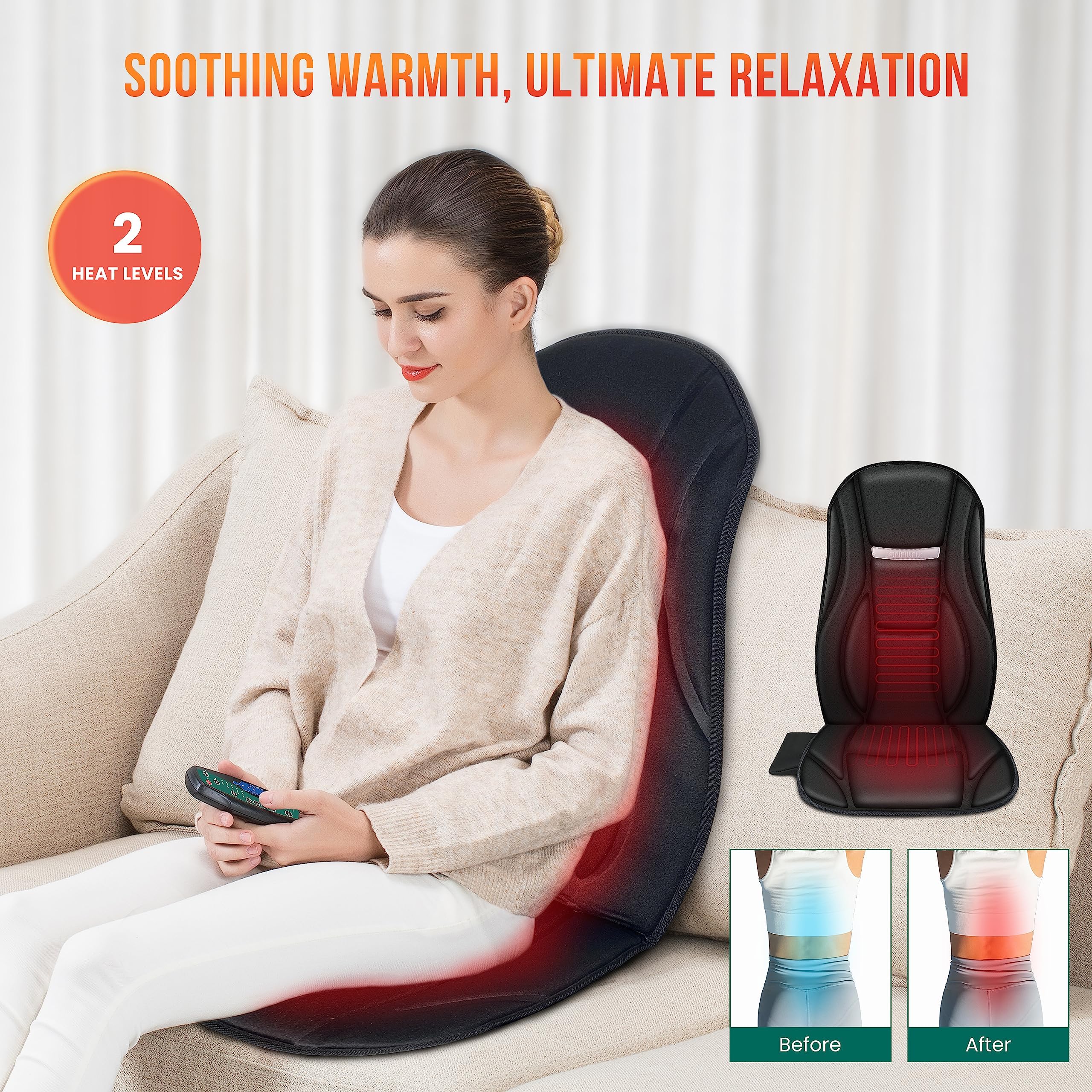 Snailax Back Massager with Heat, Massage Seat Cushion with 10 Motors, Massage Chair Pad for Home Office Use, 5 Modes & 3 Intensity Levels, 2 Heat Settings with 30-60-90 Mins Timer, Gifts for Him Her
