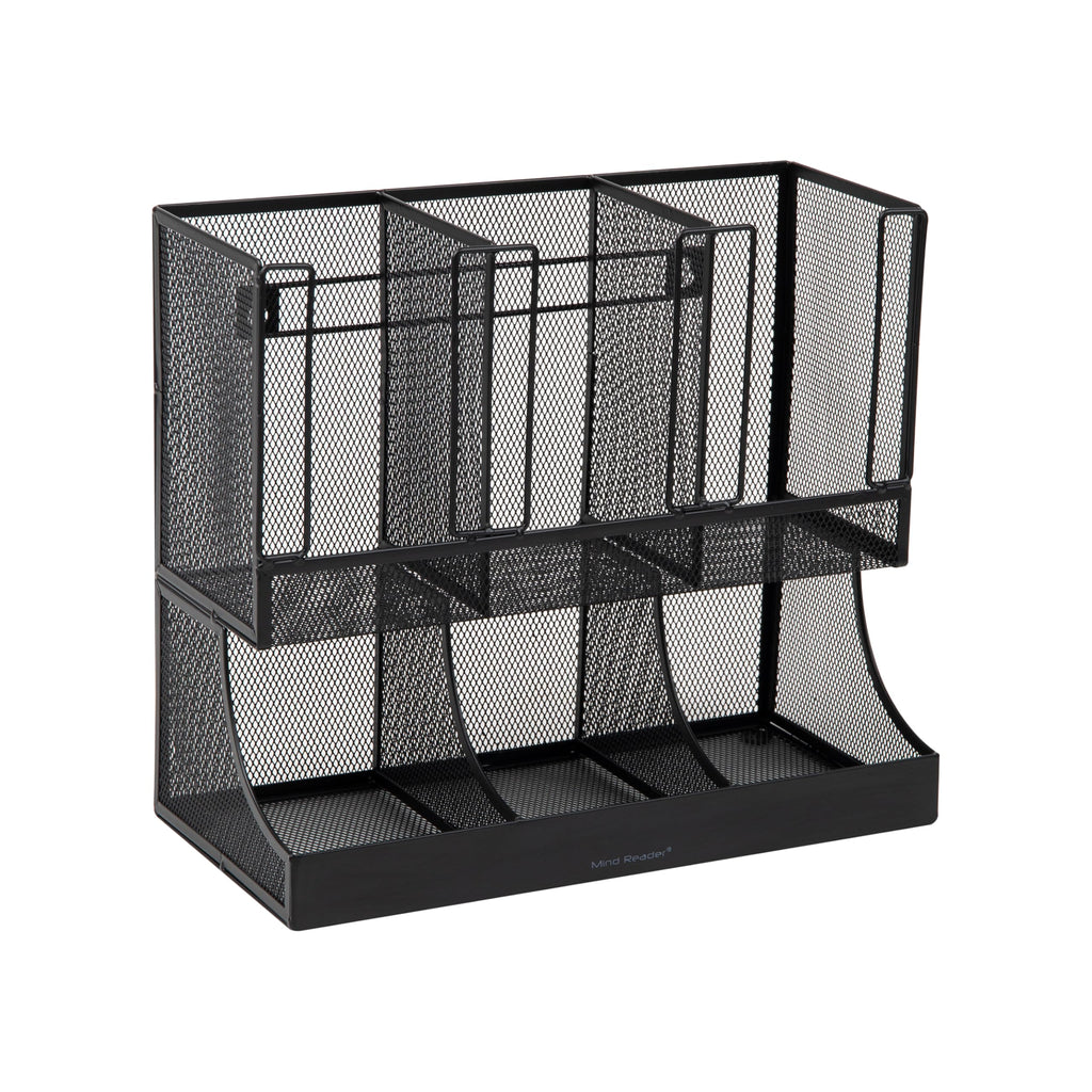 Mind Reader Condiment Station, 13 Inch Countertop Coffee Bar Organizer with 6 Compartments, Storage Caddy for Cups, Lids and Packets, Plastic, Black