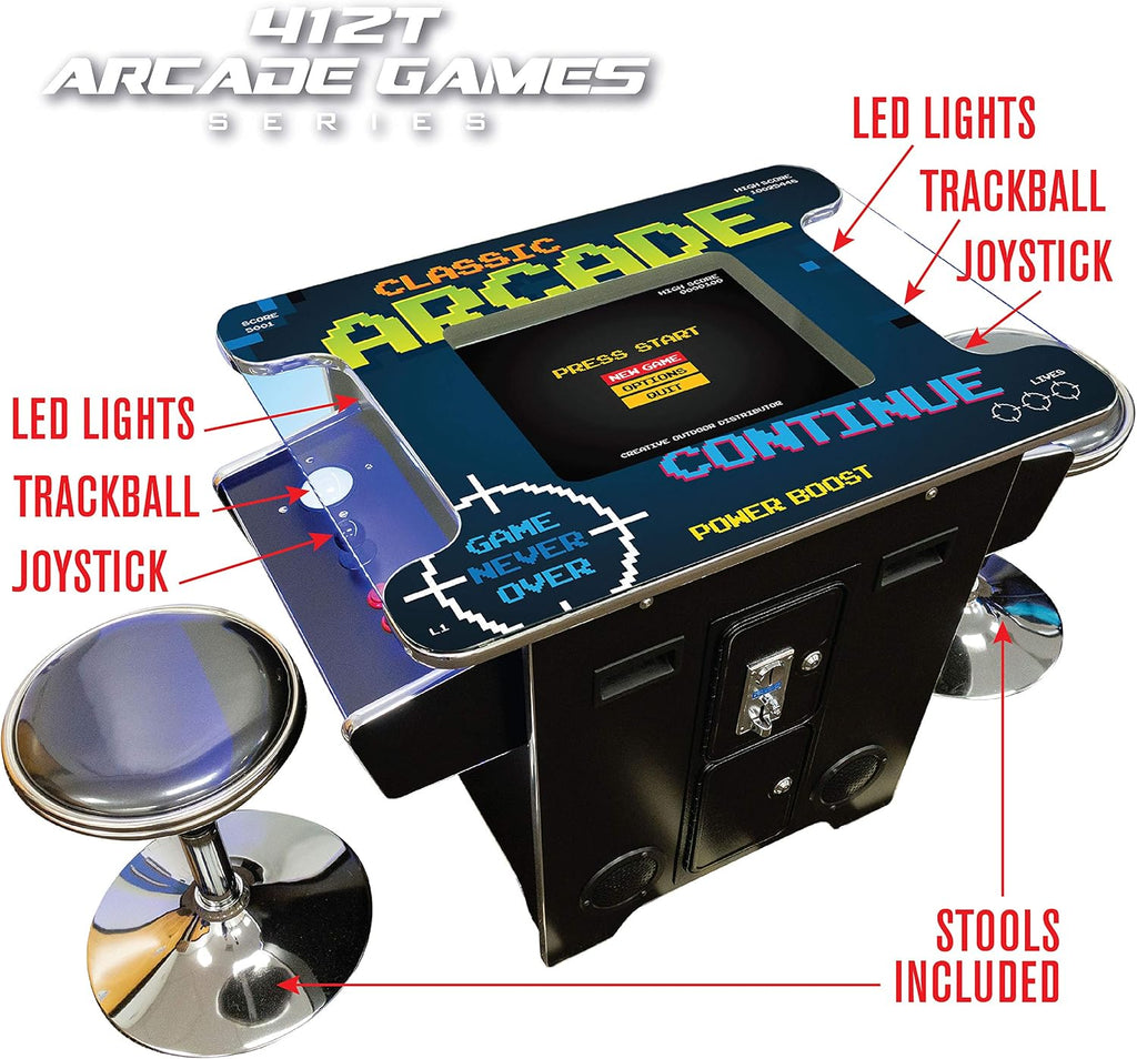 Creative Arcades Full Size Commercial Grade Cocktail Arcade Machine | 2 Player | 412 Games | 22" LCD Screen | Square Glass Top | LED | 2 Sanwa Joysticks | Trackball | 2 Stools | 3 Year Warranty